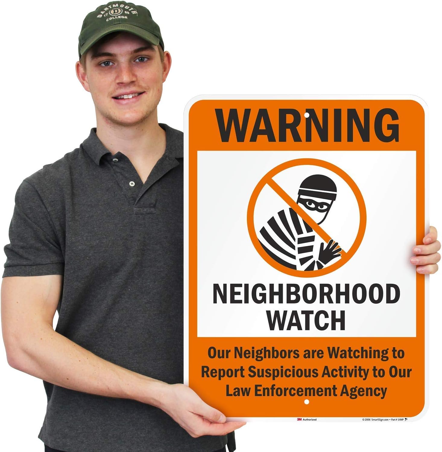 SmartSign 3M Engineer Grade Reflective Sign, Legend "Warning: Neighborhood Watch" with Graphic, 24" high x 18" wide, Black/Orange on White