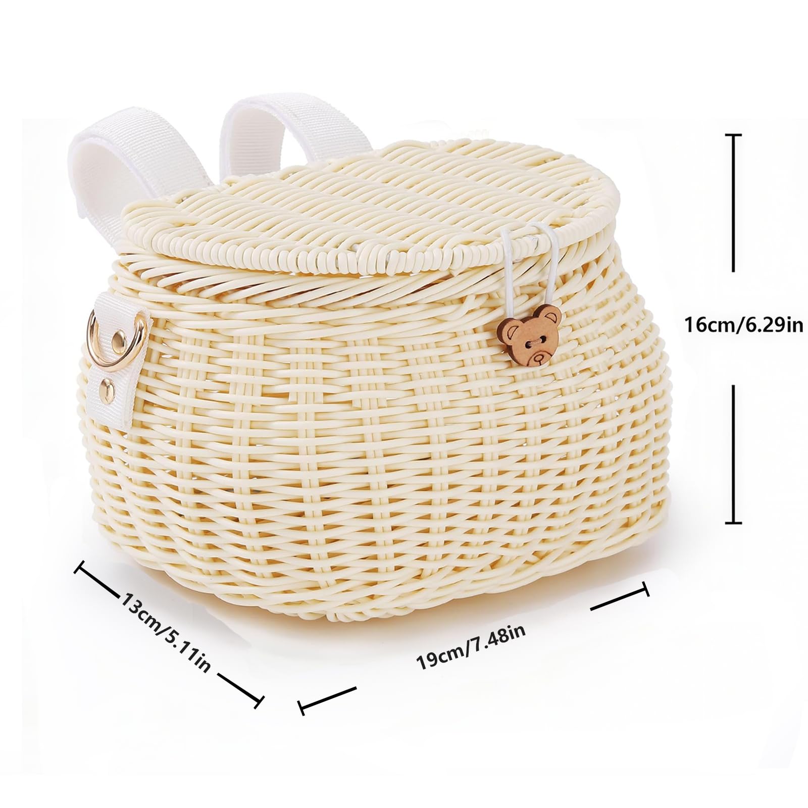 SVNR Panier de vélo pour enfants, panier de vélo avant pour garçons et filles, sac à dos tissé à la main avec couvercle, bandoulière et paniers de guidon avant en rotin, beige