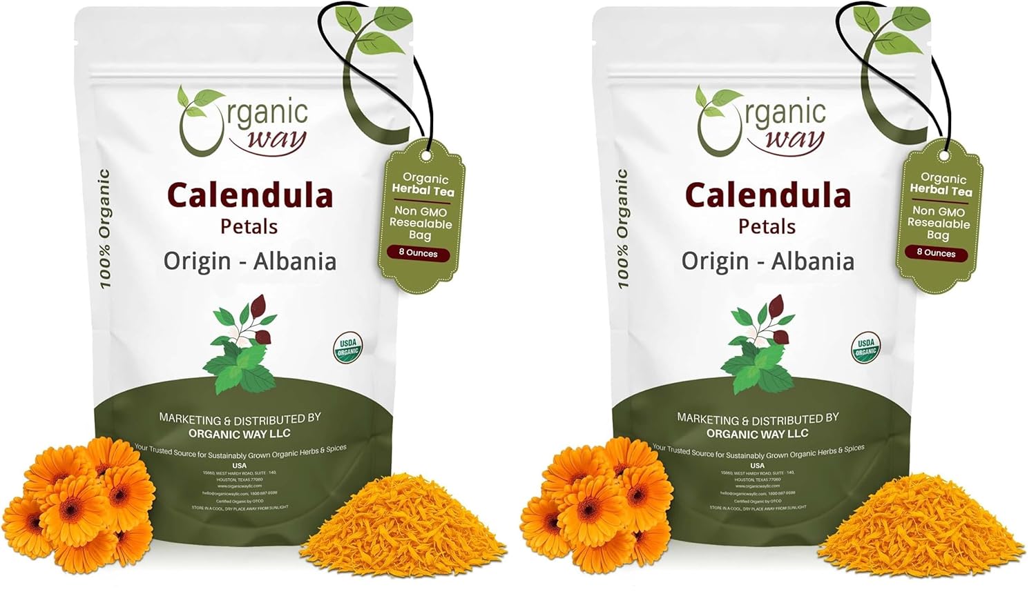 Organic Way Dried Calendula Petals | Herbal Tea (Calendula Officinalis) - European Wild-Harvest | Organic & Kosher Certified | USDA Certified | Origin - Albania (1/2LBS / 8Oz) (Pack of 2)