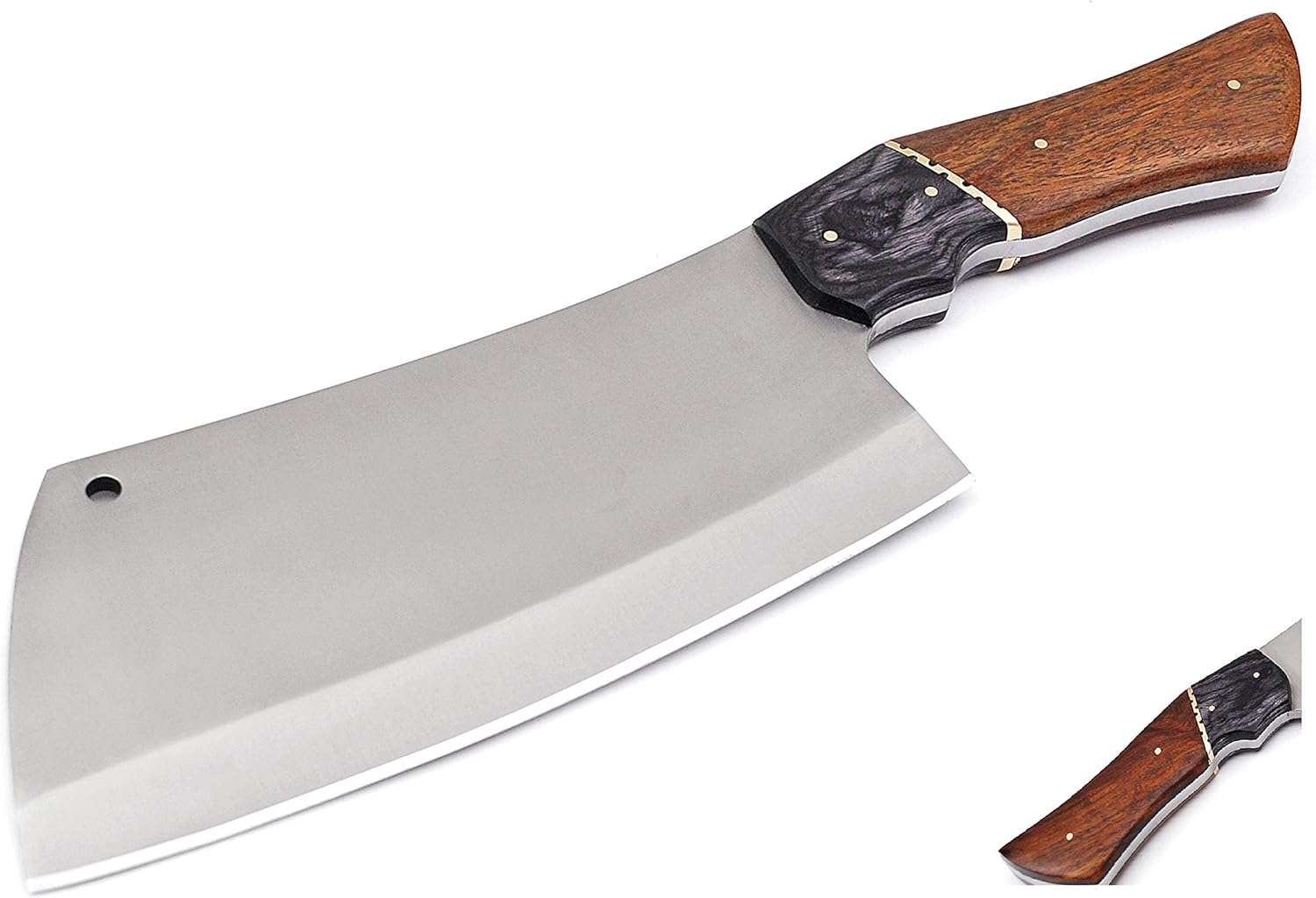 Damascus Depot 12" long Butcher meat cleaver, over 5 mm thick hot rolled 1084 steel, over 1.5 pounds heavy duty cleaver, Wood scale with brass spacer, Cow hide Leather sheath included (Beige)