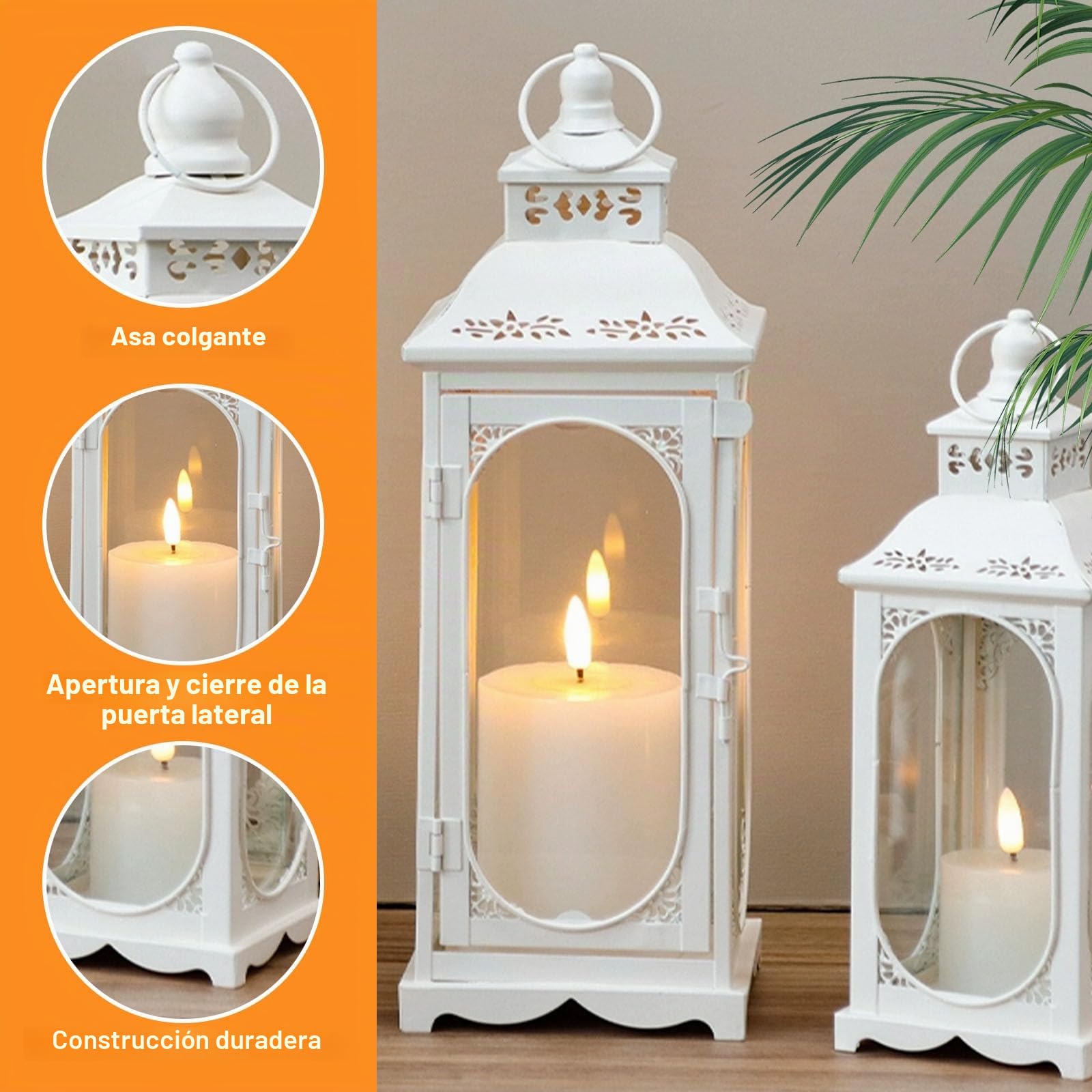 Juego de 2 linternas, metal blanco, linternas decorativas para interiores y exteriores | Lámpara de jardín retro de 34/50 cm, luz de viento, decoración del hogar, Navidad, Halloween, vela