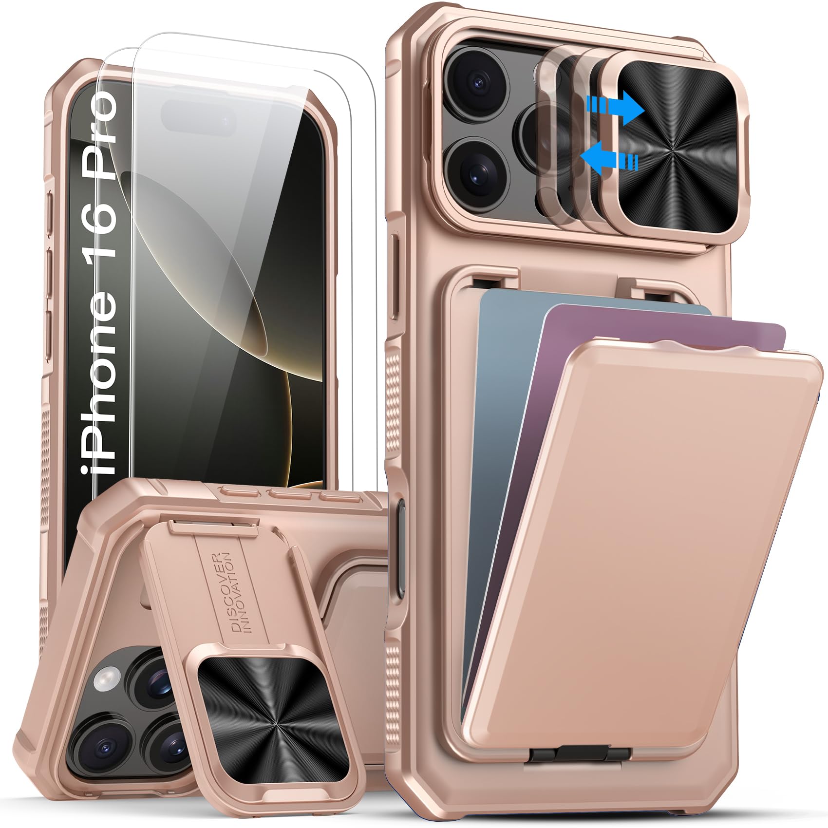 Photo 1 of SSLOTSCASE for iPhone 16 Pro Wallet Case with 2X Screen Protector, Kickstand & Camera Cover & Card Holder, Drop Protection Heavy Duty Shockproof Hard Phone Cover for iPhone 16 Pro, Rose Gold