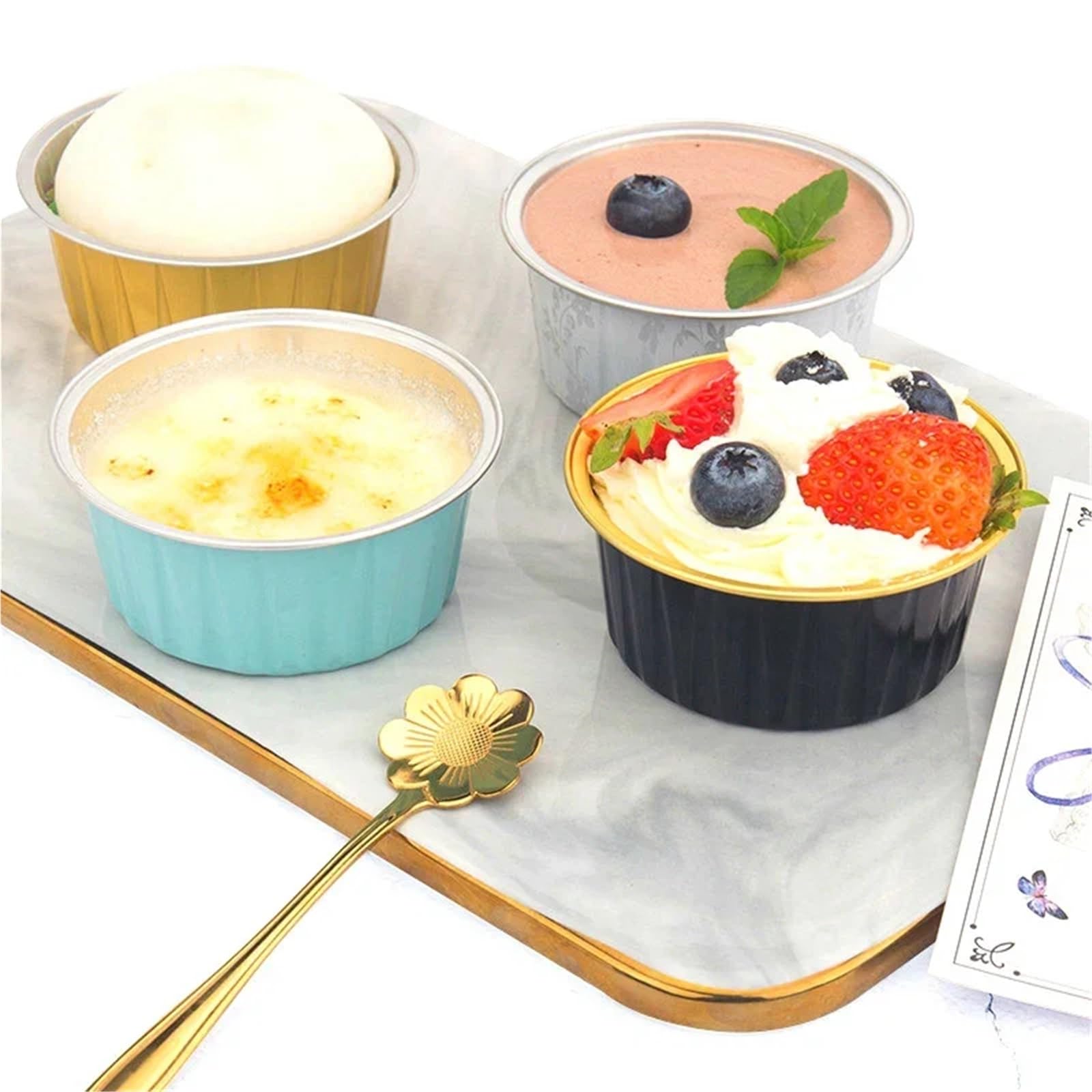 Cupcake Förmchen 100 stücke 125 ml Aluminiumfolie Kuchen Backförmchen Pudding Mousse Dessert Cupcake Kuchenförmchen Mit Deckel Gebäck Muffin Kuchenform(Gold)