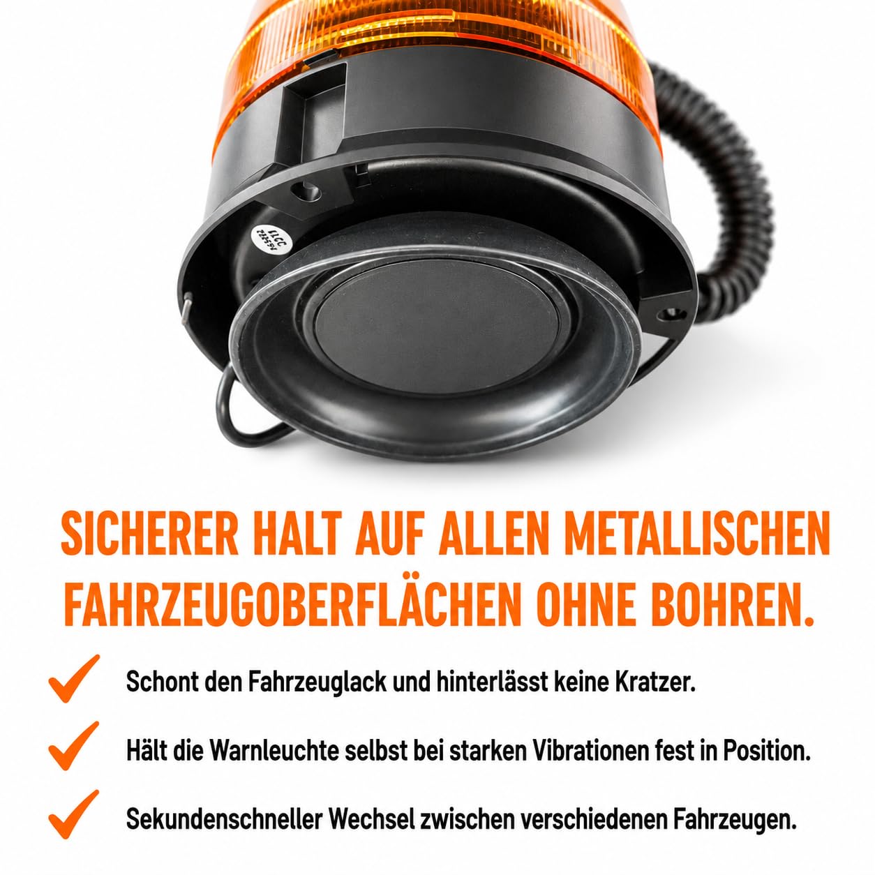 Rundumleuchte Magnet 12V 24V – LED Warnleuchte Orange mit Magnetfuß und Zigarettenanzünder-Stecker – 3 Blitzmuster, ECE R65 R10 StVZO Zulassung, IP67, für Traktor LKW Pannenhilfe
