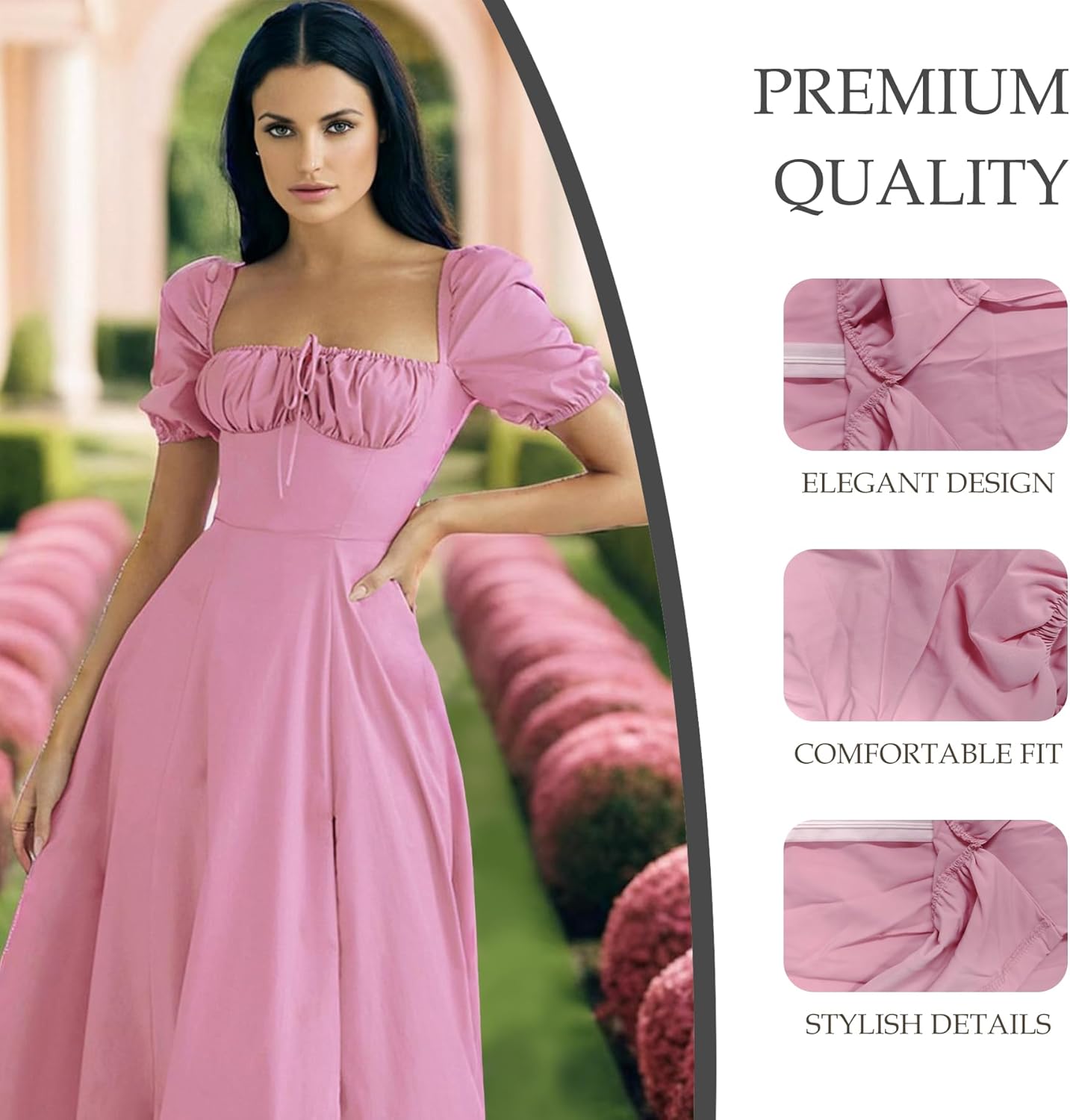 Women's Puff Sleeve Maxi Dress Summer Elegant Square Neck Solid Color High Waist Split Casual Long Dresses - Image 6