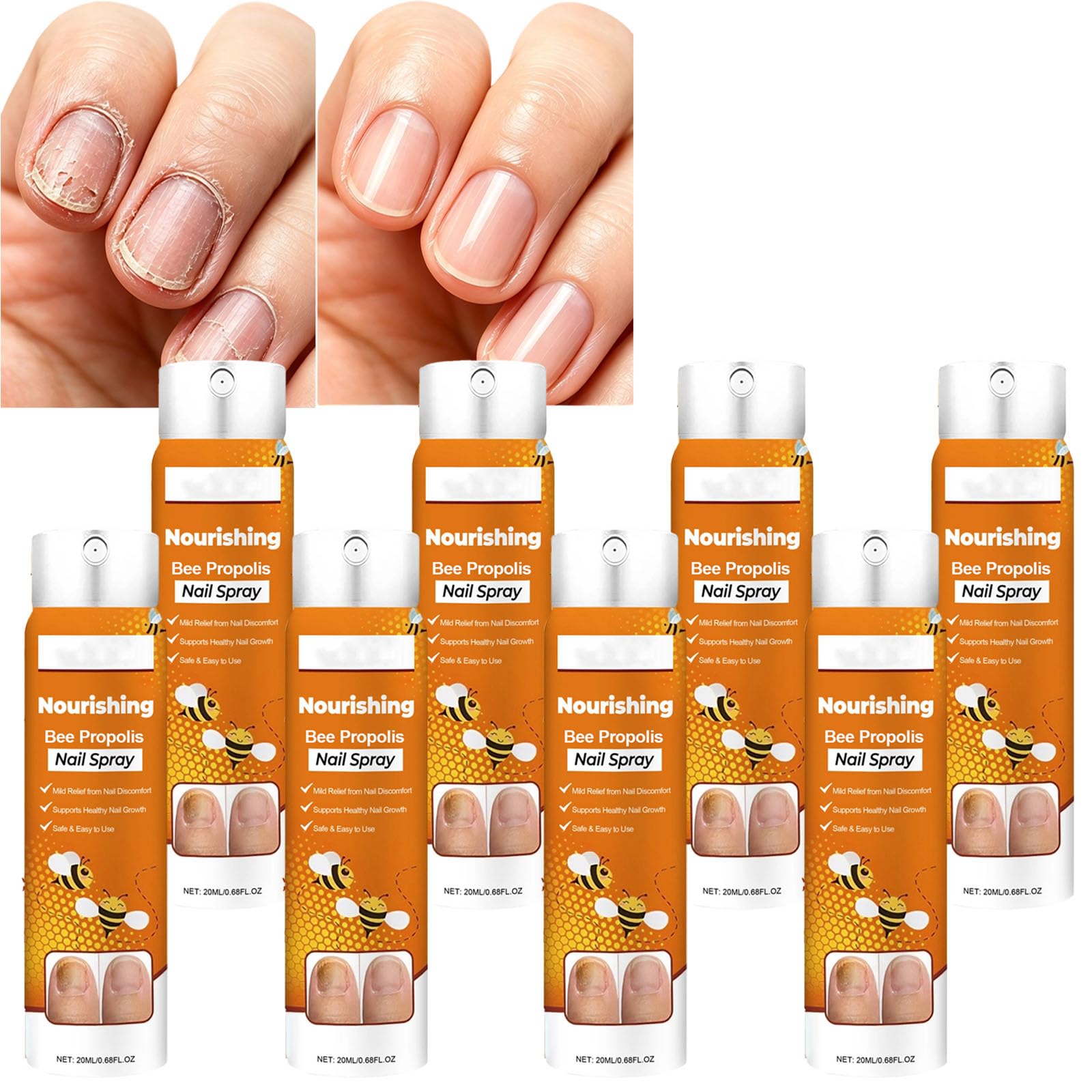 Abeja propóleos cuidado de uñas, aceite nutritivo fortalecedor para uñas débiles y quebradizas, spray de cuidado de secado rápido con árbol de té y jengibre para cutículas ásperas y secas (8 piezas)