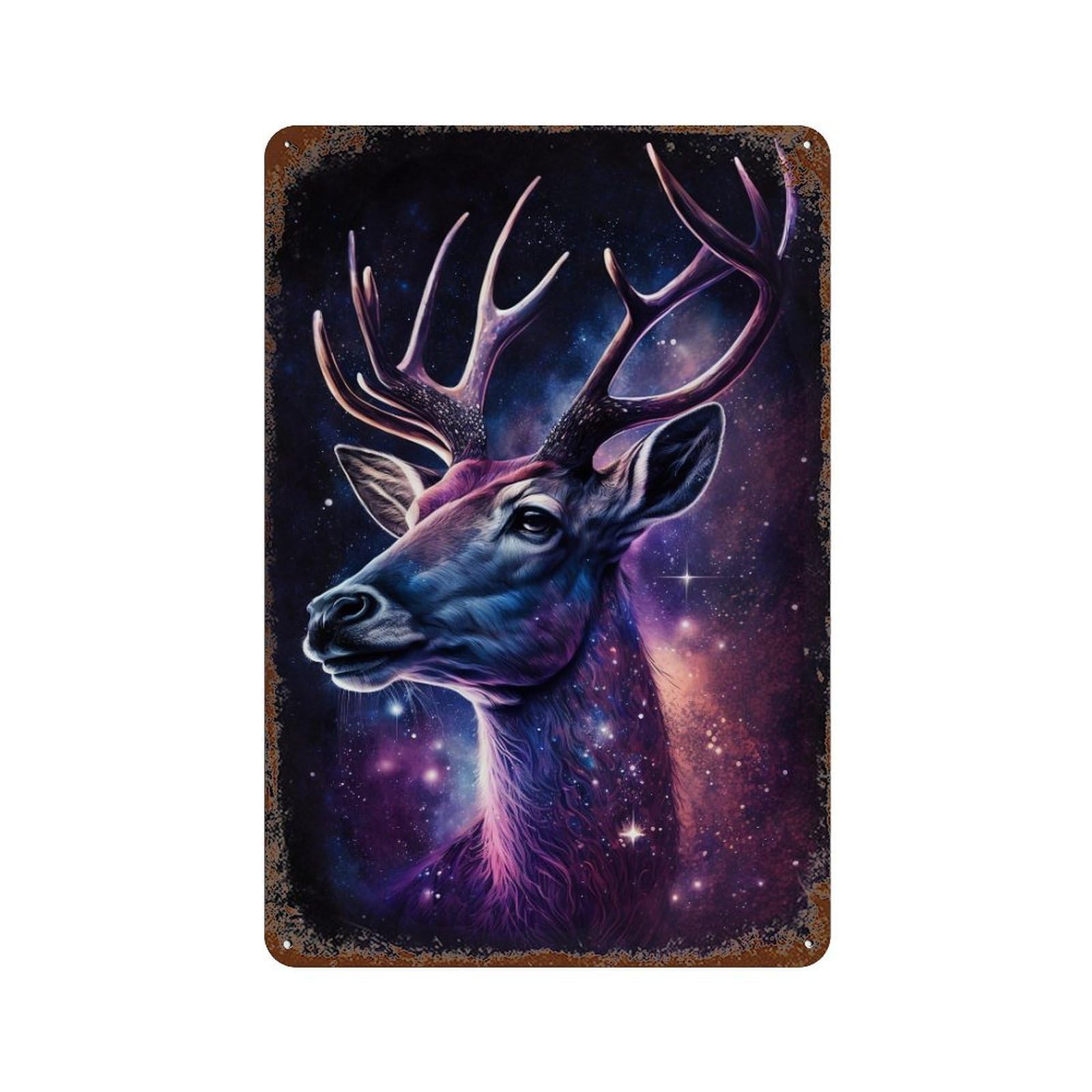Garage Style Galactic Deer Art Print-4 Vintage Rust Metal Sign 11.8"x7.9", Shabby Chic Decor for Bar And Workshop