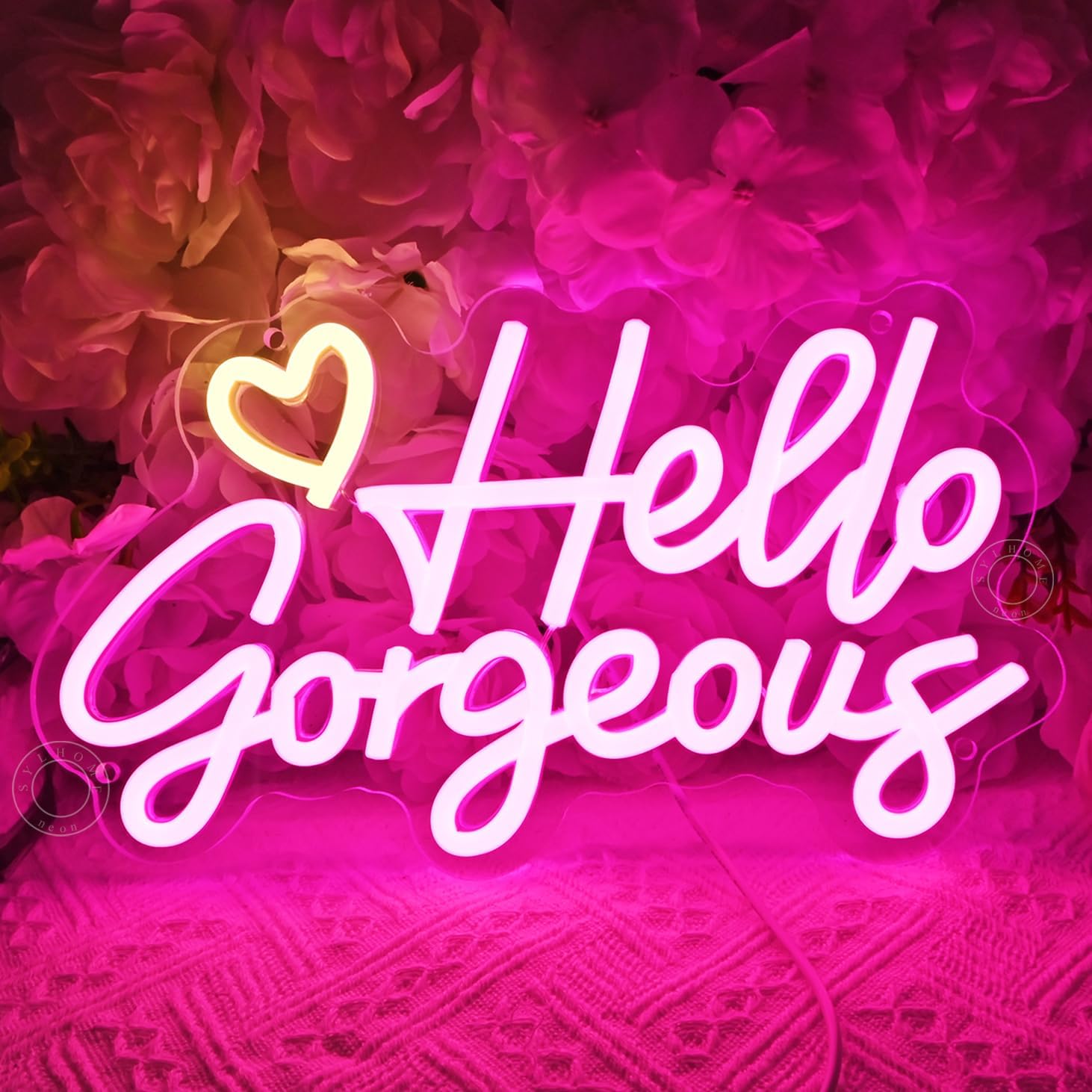 SYLHOME Hello Gorgeous Led Neon Light Sign Heart Bedroom Girls Room Wall Decor Sign Bar Beauty Studio Salon Wedding Birthday Christmas Party Decoration 11.8" X 6.8" USB