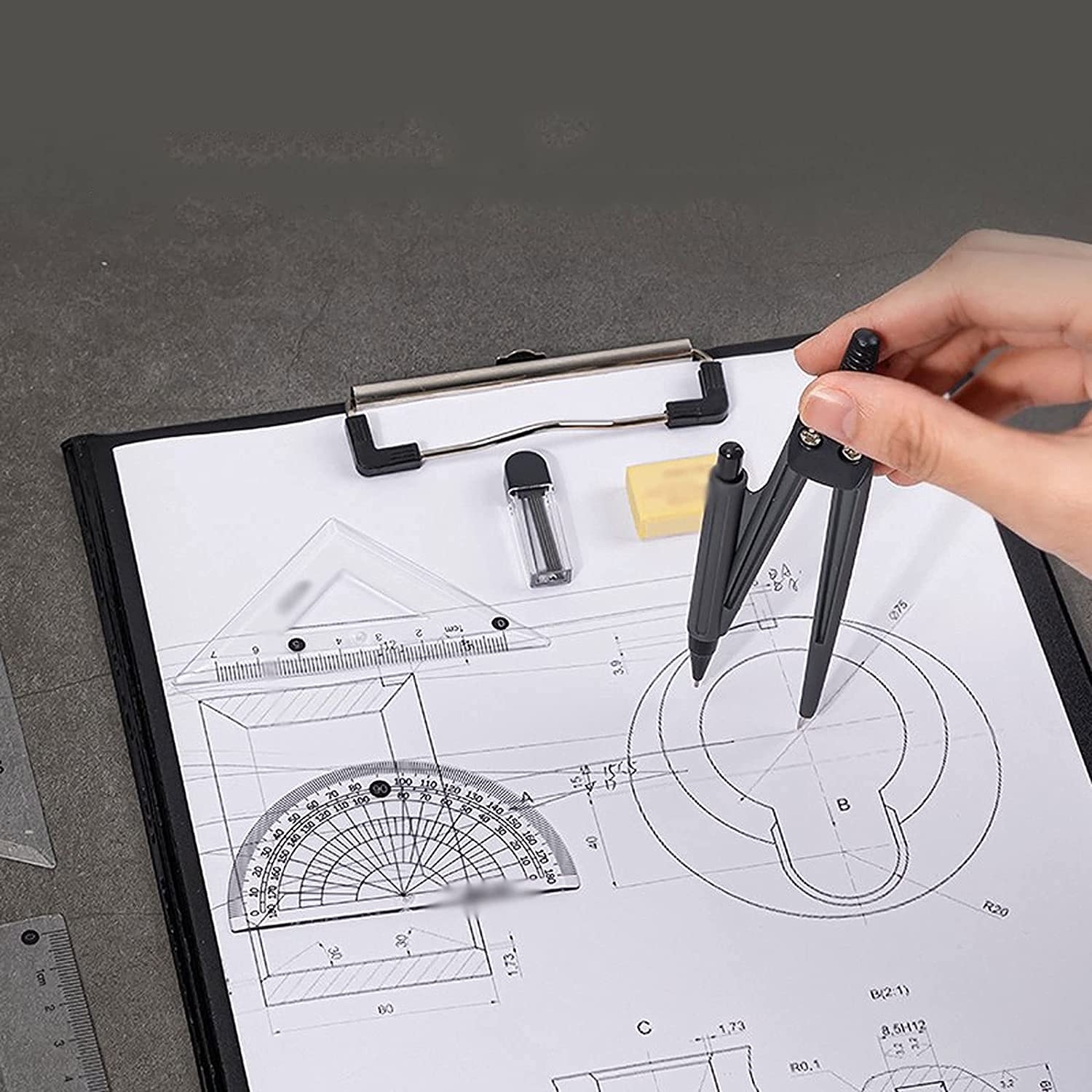 AKAZI Mathematik-Kompass 7-teiliges Geometrie-Set mit Kompass-Winkel, Lineal, Winkelmesser, Bleistift, Radiergummi, Nachfüllmine für Schüler, Kompass für Geometrie