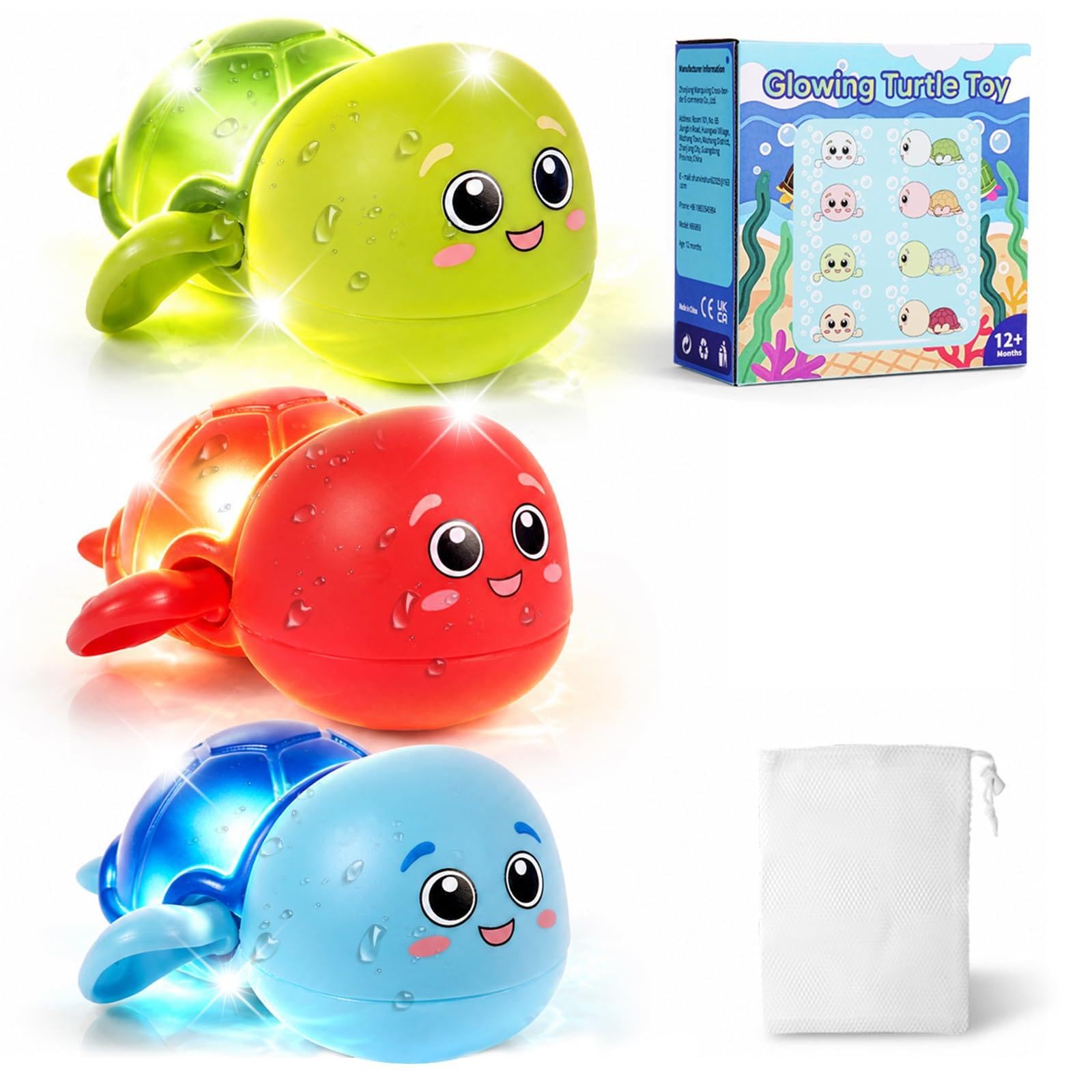 Turtle Light Up Bath Toys for Toddlers 1-3, Water-Activated Flash & Change Color Light Up Toys , Baby Bath Toys 1 2 3 Year Boy Girl, Sensory Toys with Bath Lights for Kids Bath (3 Pack)