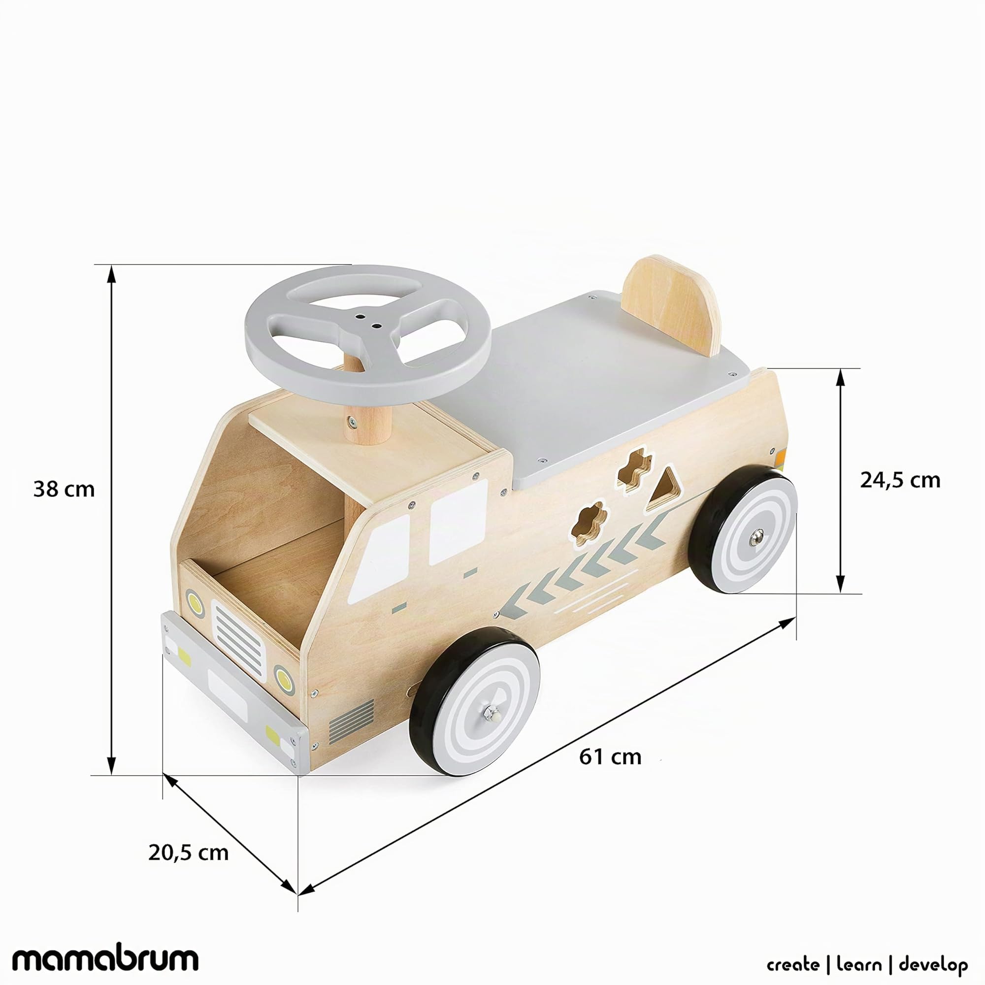 mamabrum Macchina in legno per bambini 2+ con blocchi inclusi – giocattolo educativo sicuro, ruote in gomma antiscivolo silenziose, design neutro unisex per interni ed esterni