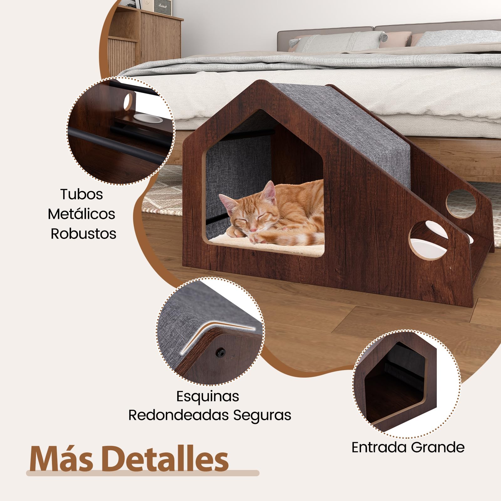 COSTWAY Casa para Gatos de Madera para Interior, 60x40x40 cmCaseta para Gatos con Comedero, Techo Desmontable y Lavable, Estructura Metálica, Villa de Estilo de Granja, Refugio Decorativo para Gatitos