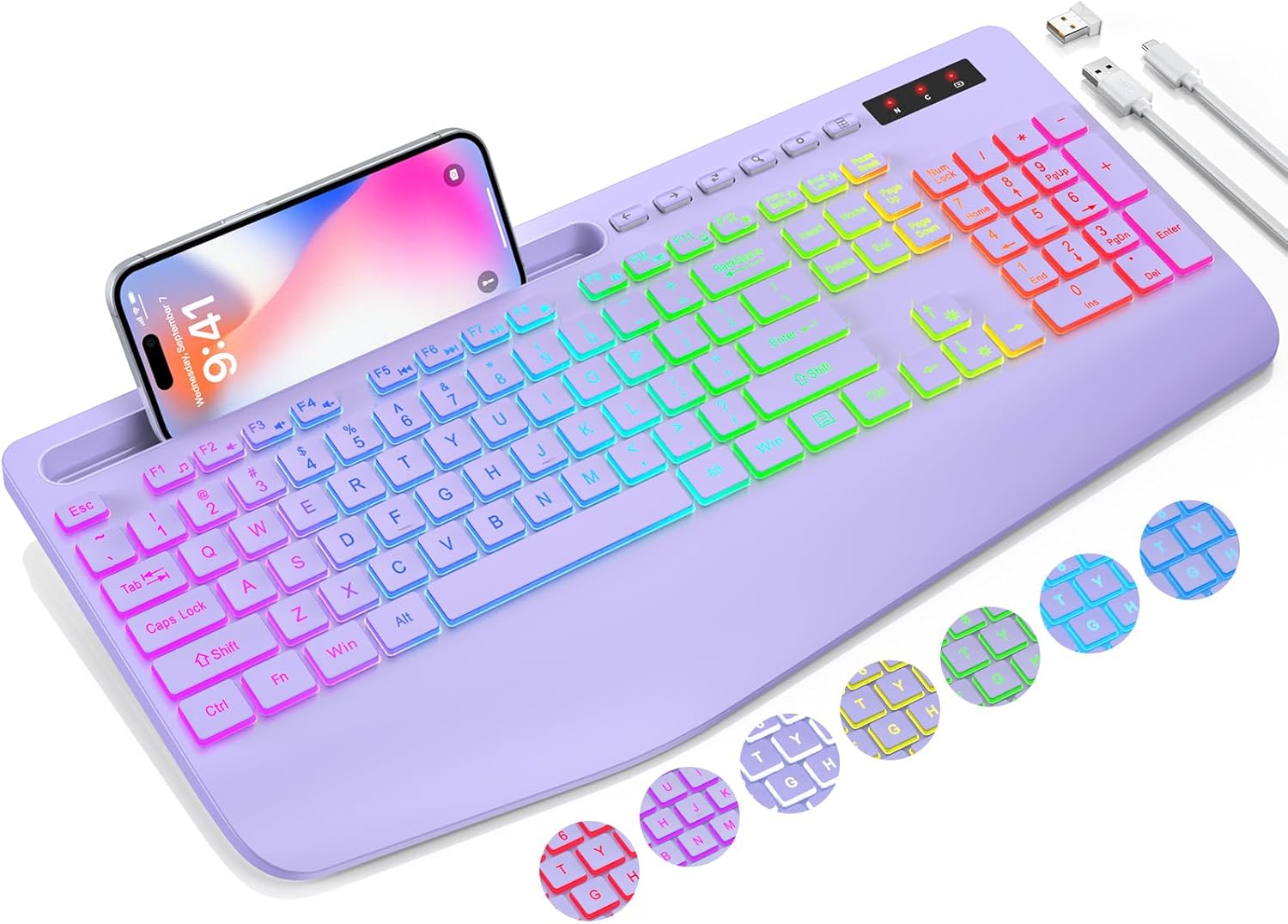 Wireless Keyboard with 9 Effects Backlits, Wrist Rest, Phone Holder, Rechargeable Ergonomic Computer Keyboard with Silent Keys, 2.4G Lag-Free Cordless Set for PC, Laptop, Windows, Mac (Keyboard Only)