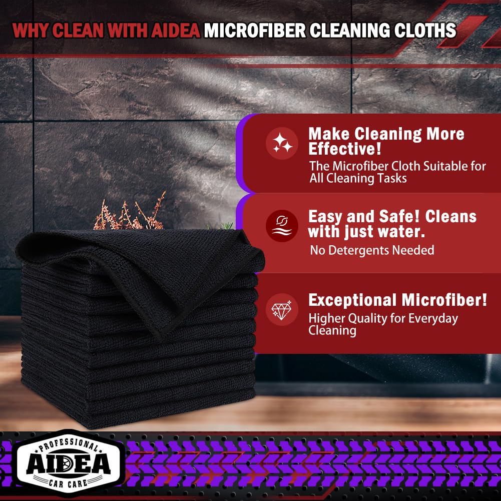AIDEA Microfiber Cleaning Cloth Black 50PK Microfiber Towels for Cars Premium Car Cloths Dusting Cloth Lint Free Cleaning — view 2