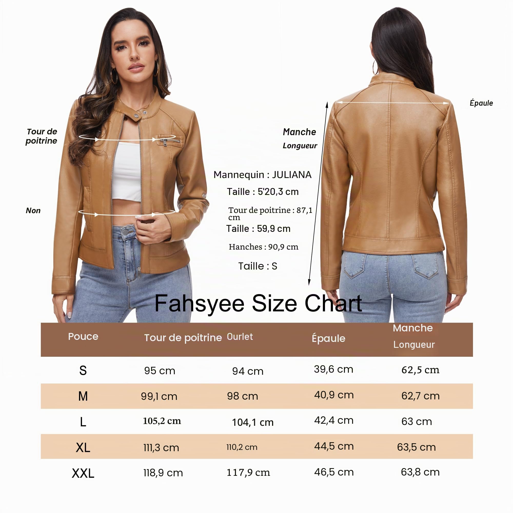 Fahsyee Veste de moto en cuir synthétique avec fermeture éclair pour femme, camel, Large