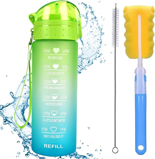 XACIOA 18oz Water Bottle with Straw&Time Markings,Leakproof BPA Free,Ensure You Drink Enough Water Throughout The Day for Fitness and Outdoor Enthusiasts,With Straw and Brush