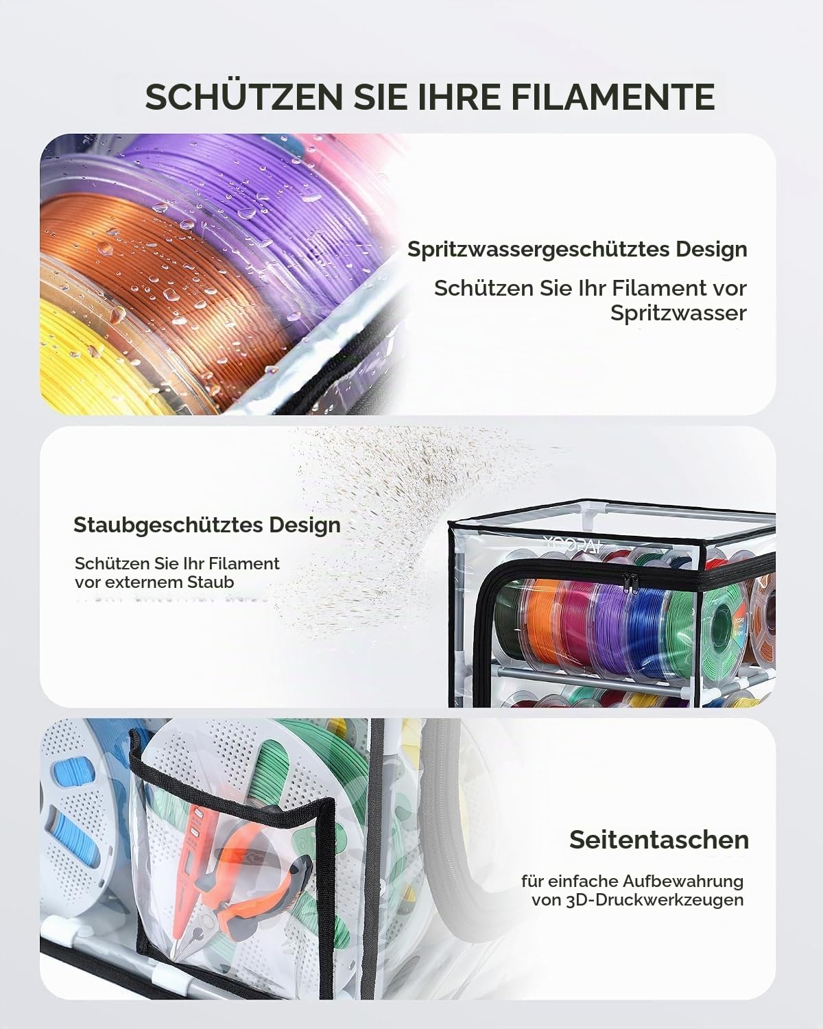YOOPAI Filament Aufbewahrungsbox, 3-stöckiges Metall Regal mit transparenter Abdeckung & Trockenmittel – Für 30 Rollen (PLA, ABS, PETG, TPU), luftdichtes Design, platzsparend für Werkstatt & Heim