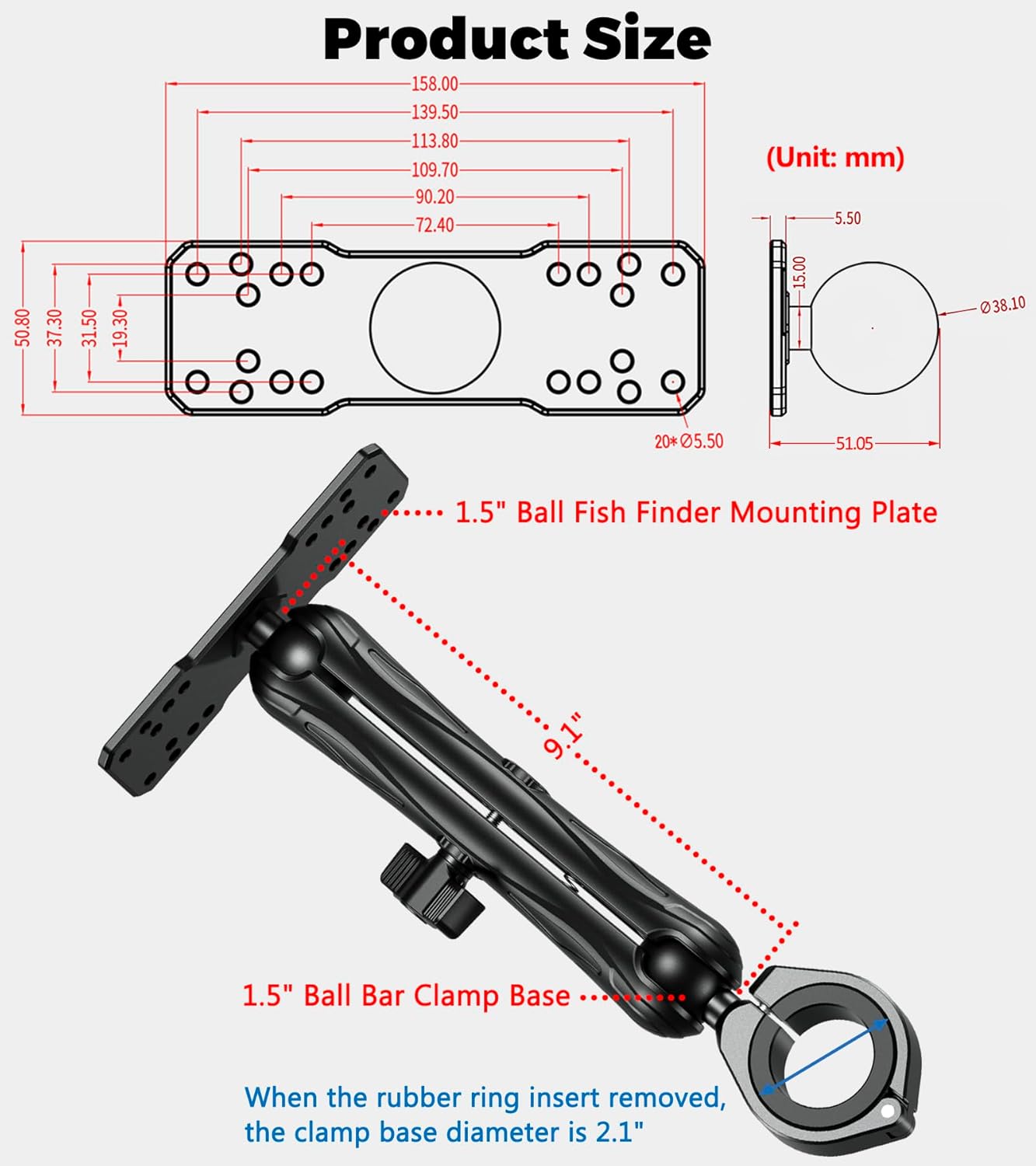 Aluminum Alloy 1.5" Ball Fish Finder Mount with Bar Clamp Base Fit 1.5'' 1.75'' 1.85'' 2'' 2.1'' Round Rail, 9.1" Long Arm Marine Electronic Mount for Garmin, Lowrance, Humminbird, Raymarine