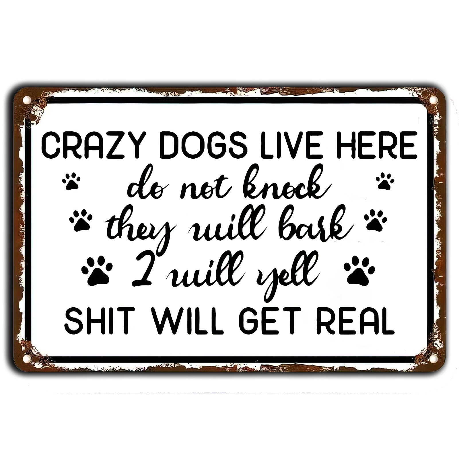 Retro Metal Tin Sign, Crazy Dog Warning Notice Wall Decor, Outdoor Yard Pub Ornament, 8x12 Inch