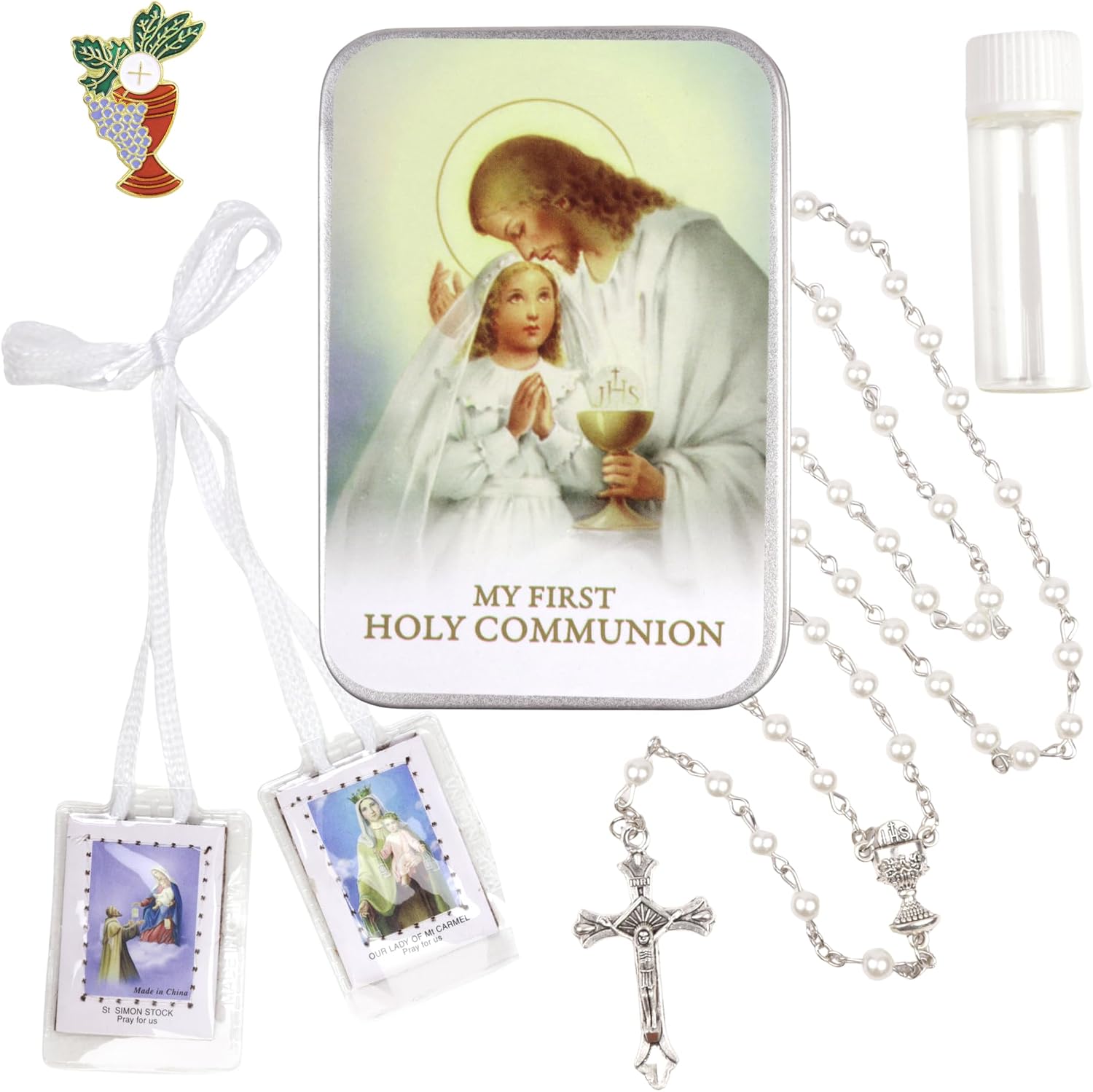 Needzo Girls First Communion White Gift Set, Includes Tin Case, Rosary, Scapular, Holy Water Bottle, and Pin, Catholic Keepsakes, 5 Items