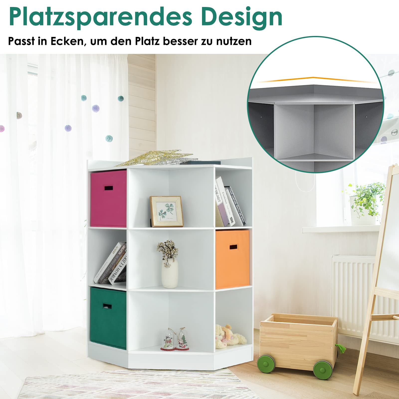 DREAMADE Kinderregal mit 9 Ablage und 3 Stoffbox, Aufbewahrungsregal Bücherregal für Kinder, Spielzeug-Organizer, Spielzeugregal für Kinderzimmer Spielzimmer und Kindergarten (Weiß, 9 Ablage)