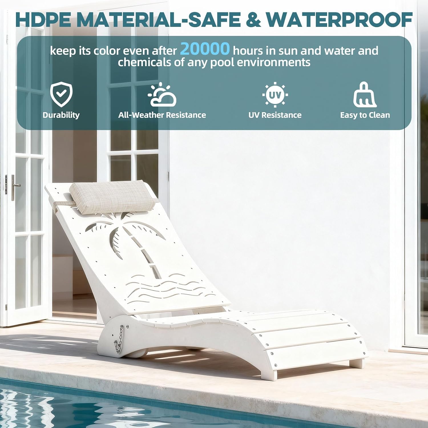 in Pool Lounge Chairs Set of 2, HDPE Pool Chaise Loungers for Sun Shelf up to 9 Inches, Fade-Resistant, 3-Position Adjustable Backrest with Headrest, Ergonomic Poolside Lounger, White