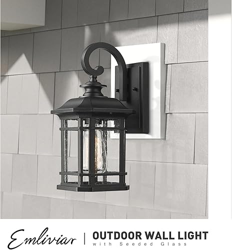 Miniatura 5 de Emliviar Luces de Farol de Pared para Exteriores, Lámpara de Aplique de Pared Exterior de 1 Luz, Acabado Negro con Vidrio Granulado Transparente,