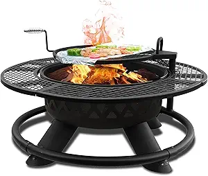 Red Mountain Valley 47" Outdoor Fire Pit with Adjustable Grill, 2-in-1 Outdoor Large Wood Burning Firepit Bowl, Bonfire Patio Fire Pits with Cooking grates, Metal Round Table for Backyard