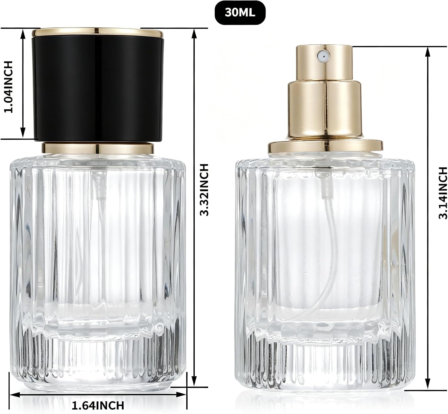 2 Pcs 30ml Empty Glass Perfume Spray Bottles, Refillable Fine Mist Atomizer Portable Travel Cologne Atomizers Fragrance Containers Sprayer for Perfume (Black Cap and White Cap)