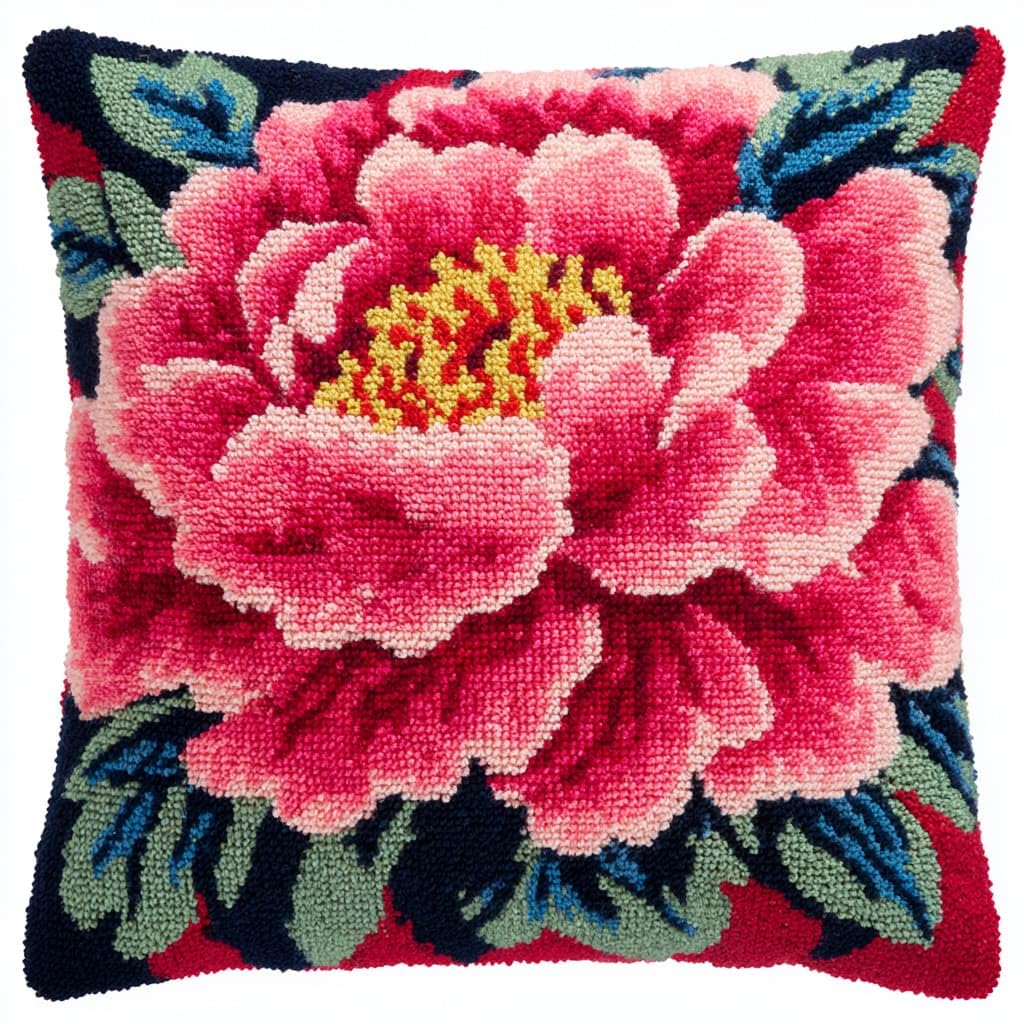 Taxpy Latch Hook Kits, Peony Flowers Pillow Pre-Printed Patterns Pillowcase Needlework Crochet Yarns Latch Hooking Cushion for Sofa Decor 17x17inch