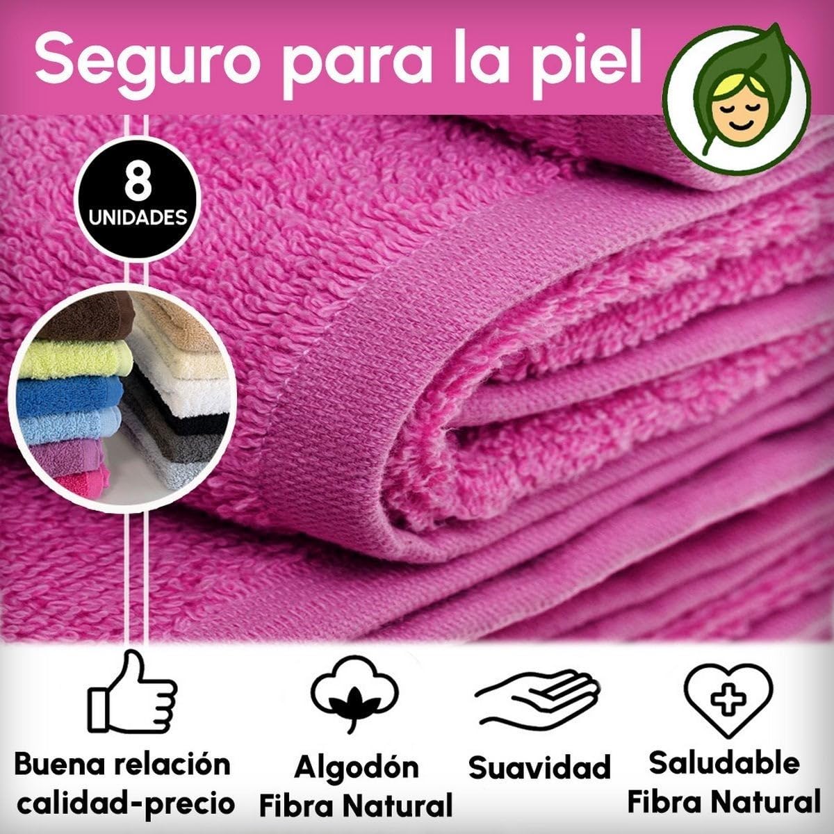Juego de 8 Toallas de Ducha Color Fucsia 100% algodón Rizo de 140x70 cm | Tejido suave de gran gramaje con alta absorción. Aptas para lavadora, de uso diario.