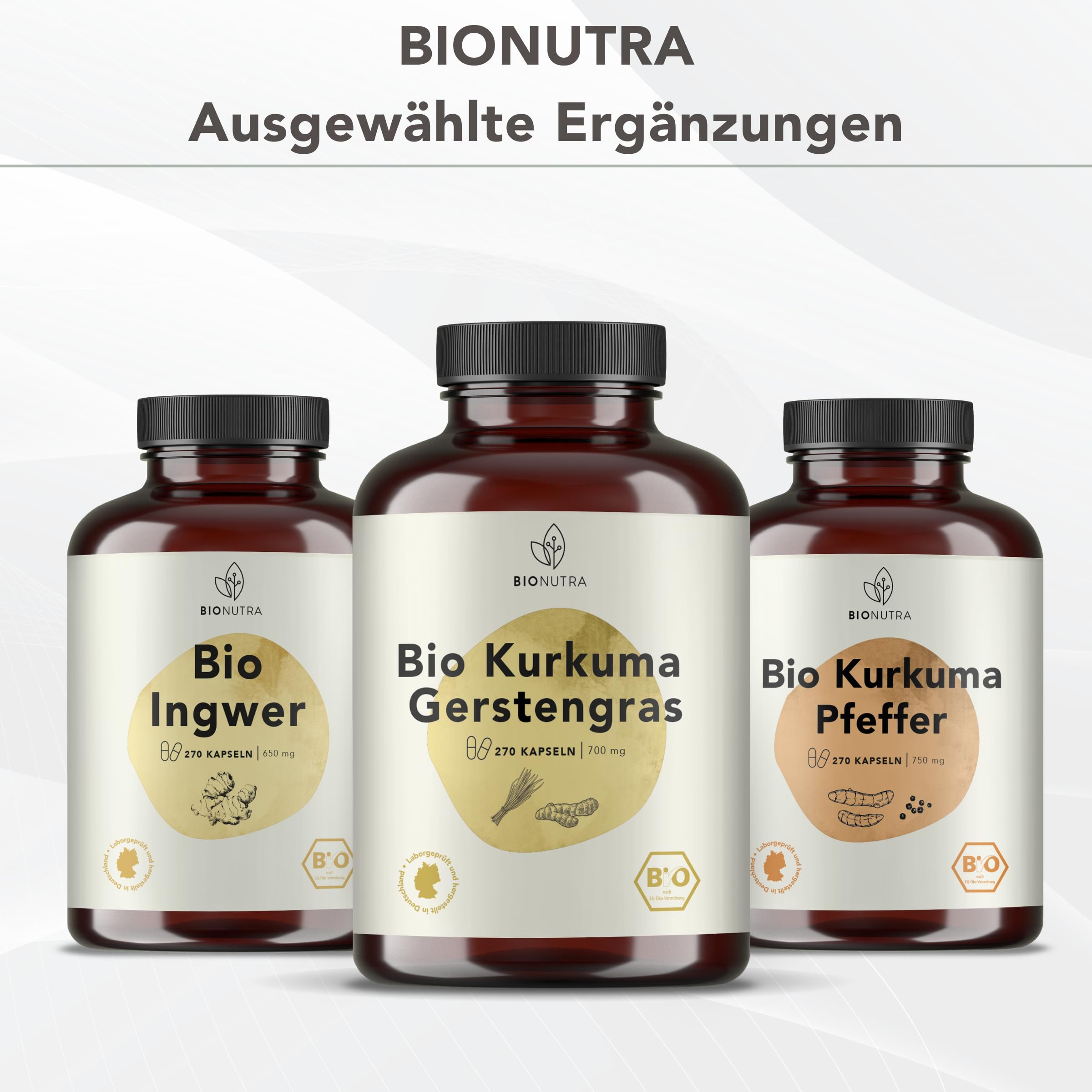BIONUTRA Bio Kurkuma Ingwer Kapseln mit Pfeffer & Chili, 270 Stk à 700 mg | hochdosiert, rückstandskontrolliert, ohne Zusätze, vegan, deutsche Herstellung aus Kurkuma Bio und Ingwer Bio Wurzelpulver