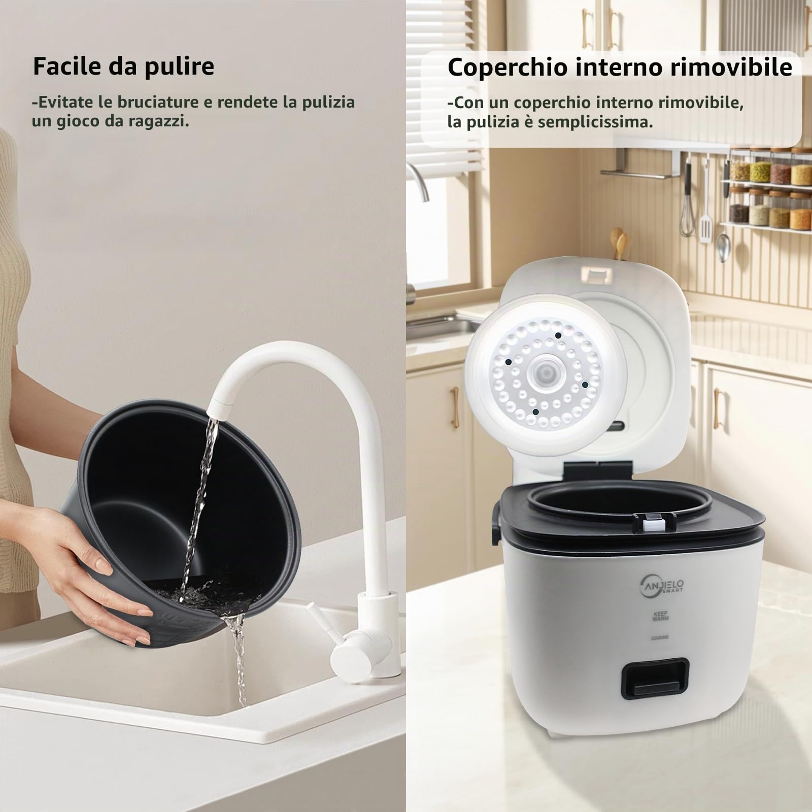 Cuociriso personale da 1,2 l, con rivestimento antiaderente,cestello per cottura a vapore in acciaio inox,misurini e comando one-touch,Perfetto per una o due persone per cuocere riso (Bianco)