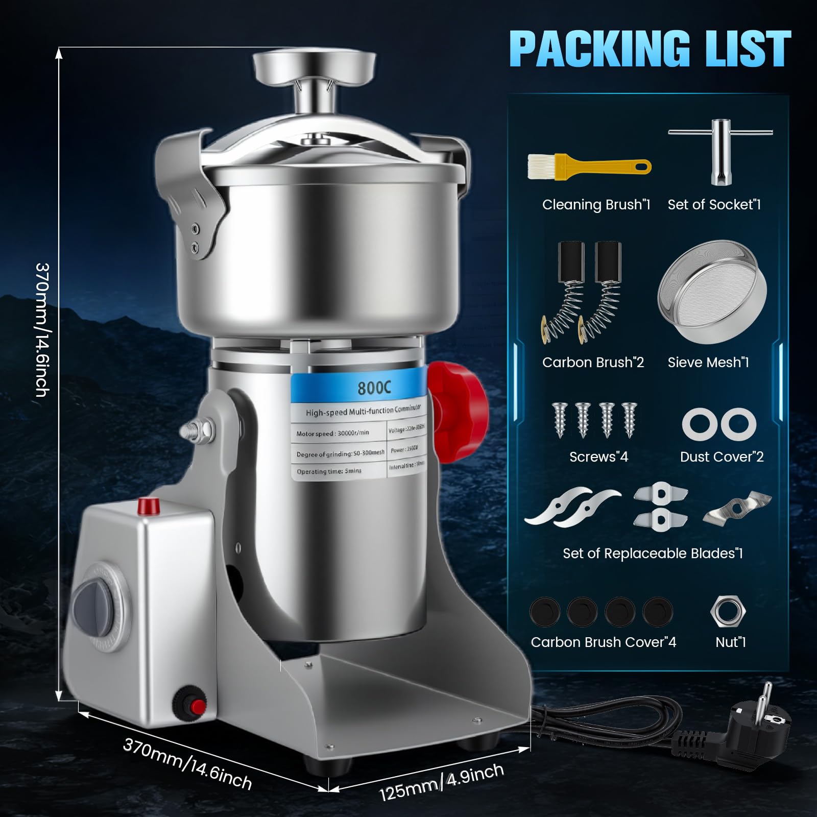 Tragbare Getreidemühle, Elektrische Edelstahl Gewürzmühle, 3500W – 304 Edelstahl, 800g Kapazität, Hochdruck-Spiraldeckel, Überlastschutz – zum Mahlen von Kräutern, Gewürzen, Nüssen & Getreide (220V)