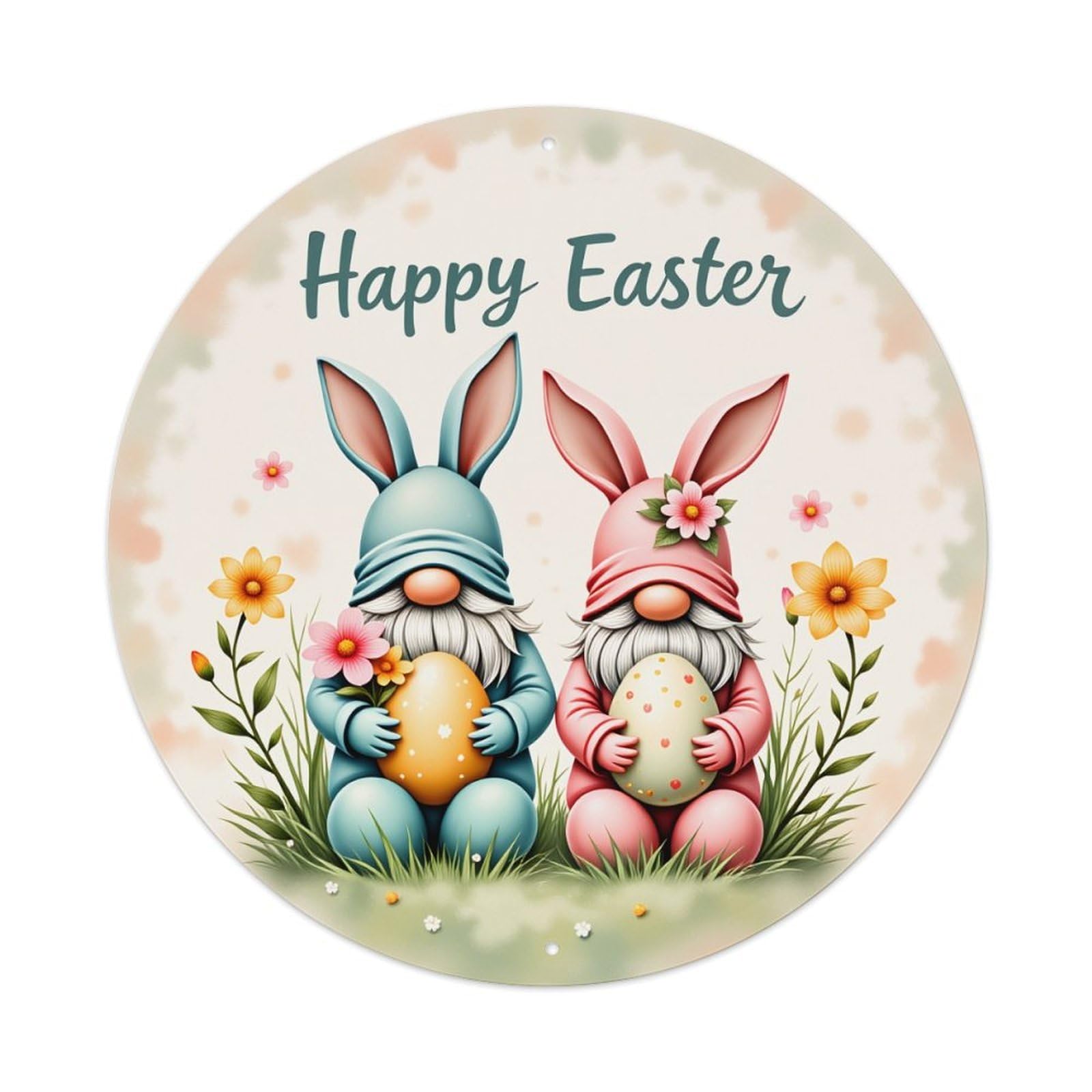 Easter Gnomes Bunny Eggs Flowers Round Tin Sign Vintage Style Metal Sign Home Bar Garden Wall Plaque Decor Metal Poster 8x8 Inch