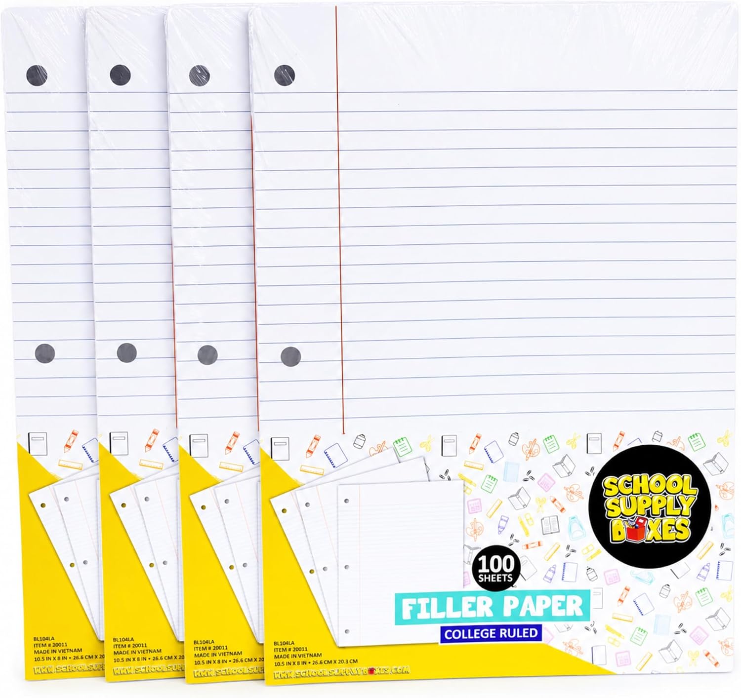 School Supply Boxes | College-Ruled Loose Leaf Paper | 6 Pack | 100 Sheets Per Pack, 3-Ring Binder Compatible