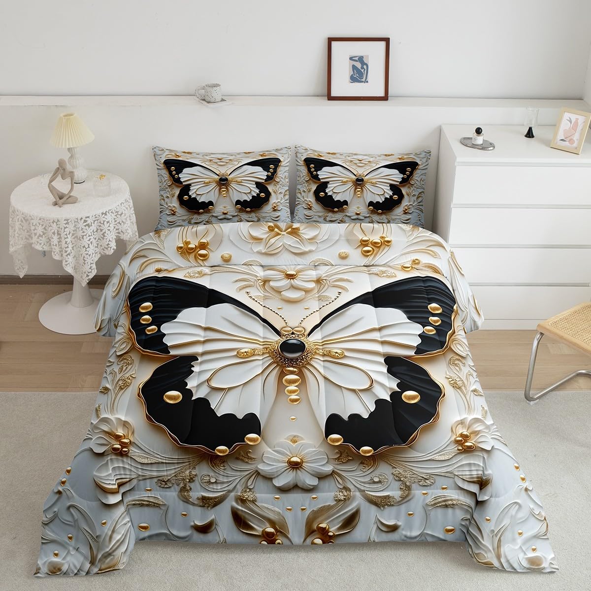 Parure de lit avec motif papillon 3D noir et blanc pour déco de chambre