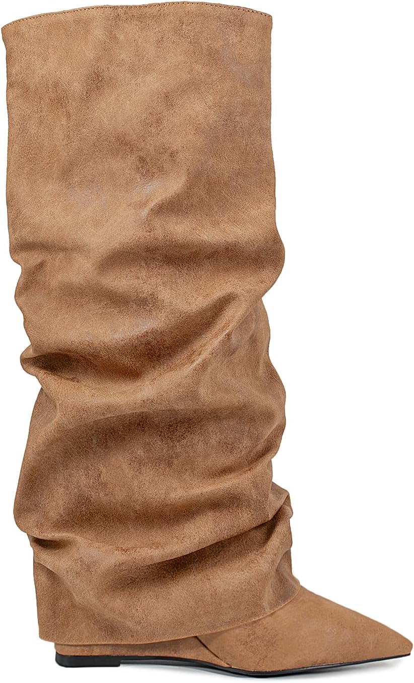 Burgundy Brown Pink Knee high boots Pointed-toe Fold Over Pleated Slip-on high wedge heels Slouchy Ruched Wide Calf Pull-on Tall Boot Dress boots - Image 5