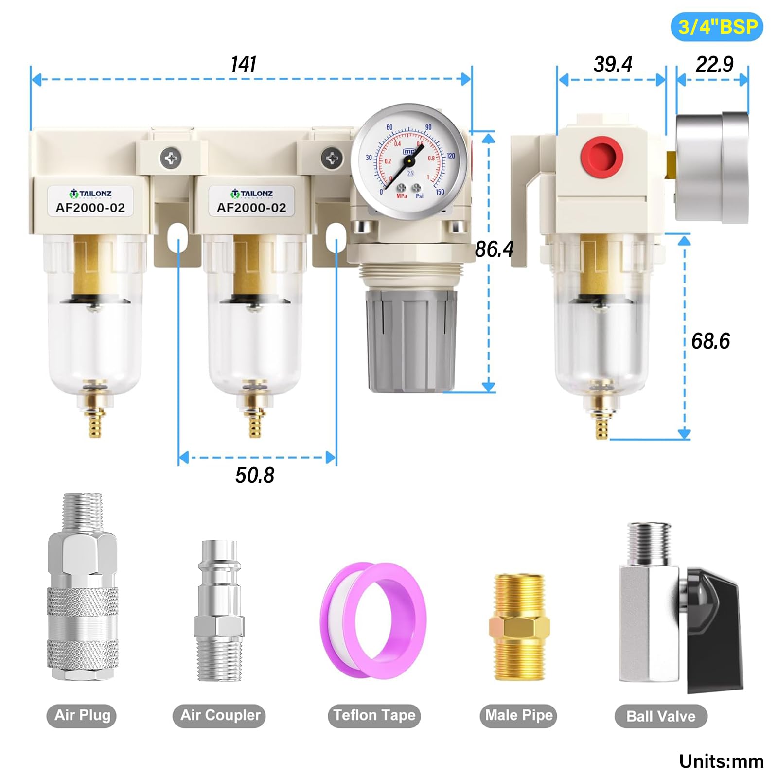 TAILONZ PNEUMATIC 1/4 di pollice BSP 3 in 1 filtro dell'aria regolatore di pressione Combo Piggyback, filtro compressore per utensili ad aria con manometro AF2000+AF2000+AR2000