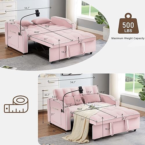 Miniatura 5 de FTOPBTB Sofá cama extraíble de terciopelo 3 en 1 con soporte para tazas y puerto USB, moderno sofá biplaza convertible de 2 plazas con soporte para