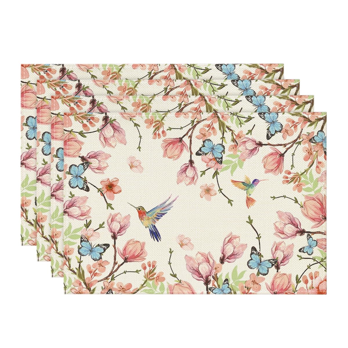 Artoid Mode Flowers Bird Butterfly Spring Placemats Set of 4, 12x18 Inch Seasonal Summer Table Mats for Party Kitchen Dining Decoration