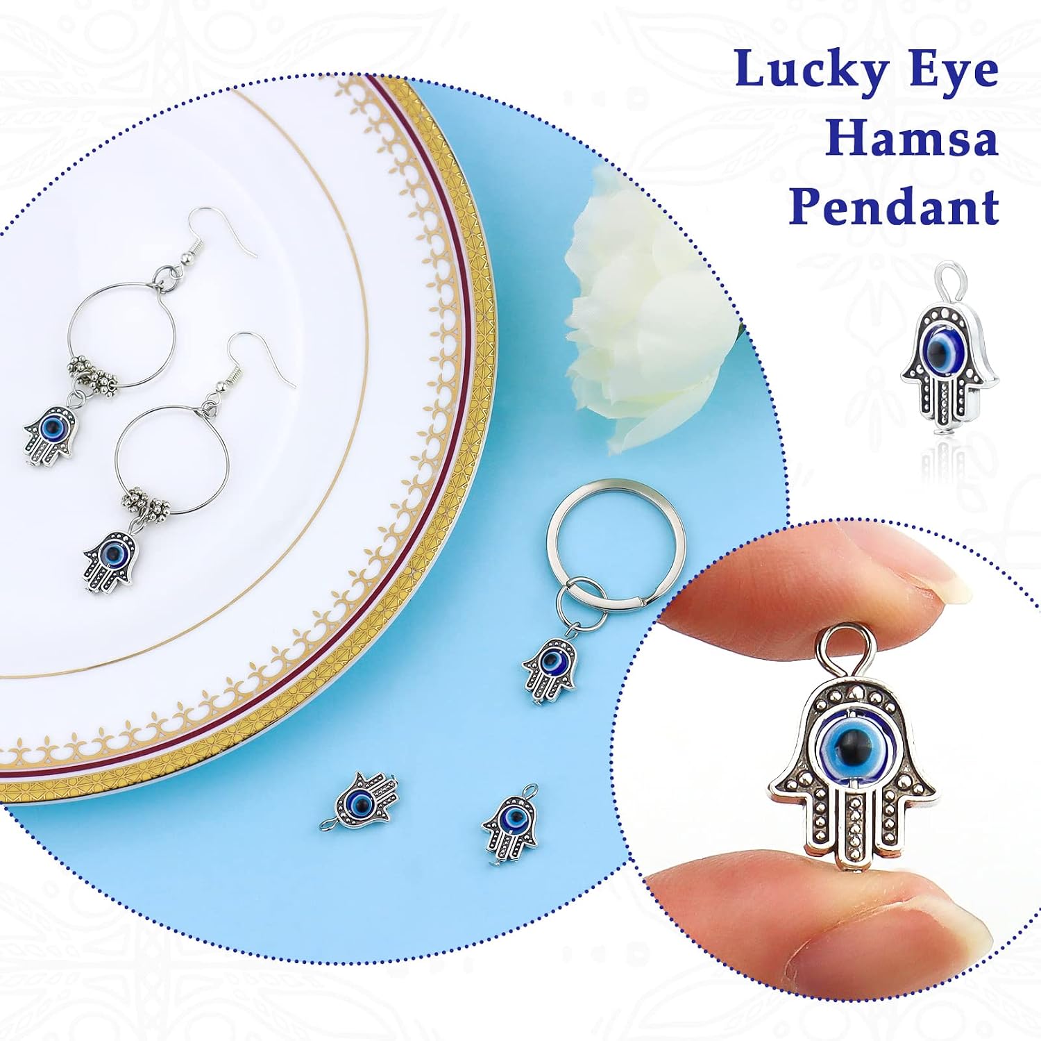 JIALEEY 30PCS Antique Silver Hamsa Hand Evil Eye Bead of Fatima Symbol Charms Hamsa Hand Beads Frame Charms for Jewelry Making Findings DIY Necklace Bracelet