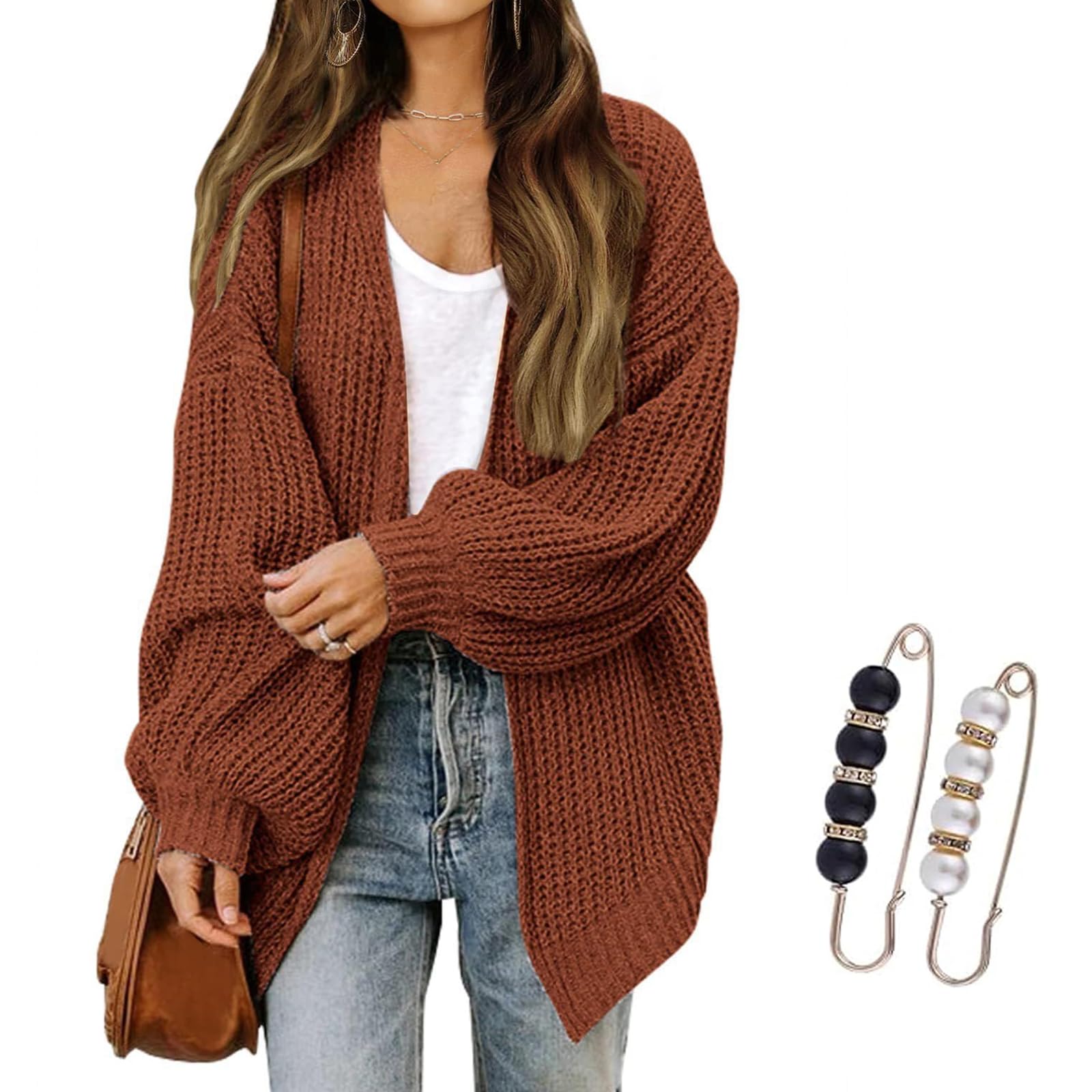 Nbzsmlkn Womens Cardigan Sweaters,Womens Oversized Cardigans Long Lantern Sleeve Chunky Knit Loose Fall Sweater Coats,Casual Open Front Outwear Knitwear Coat (Brown,XL)