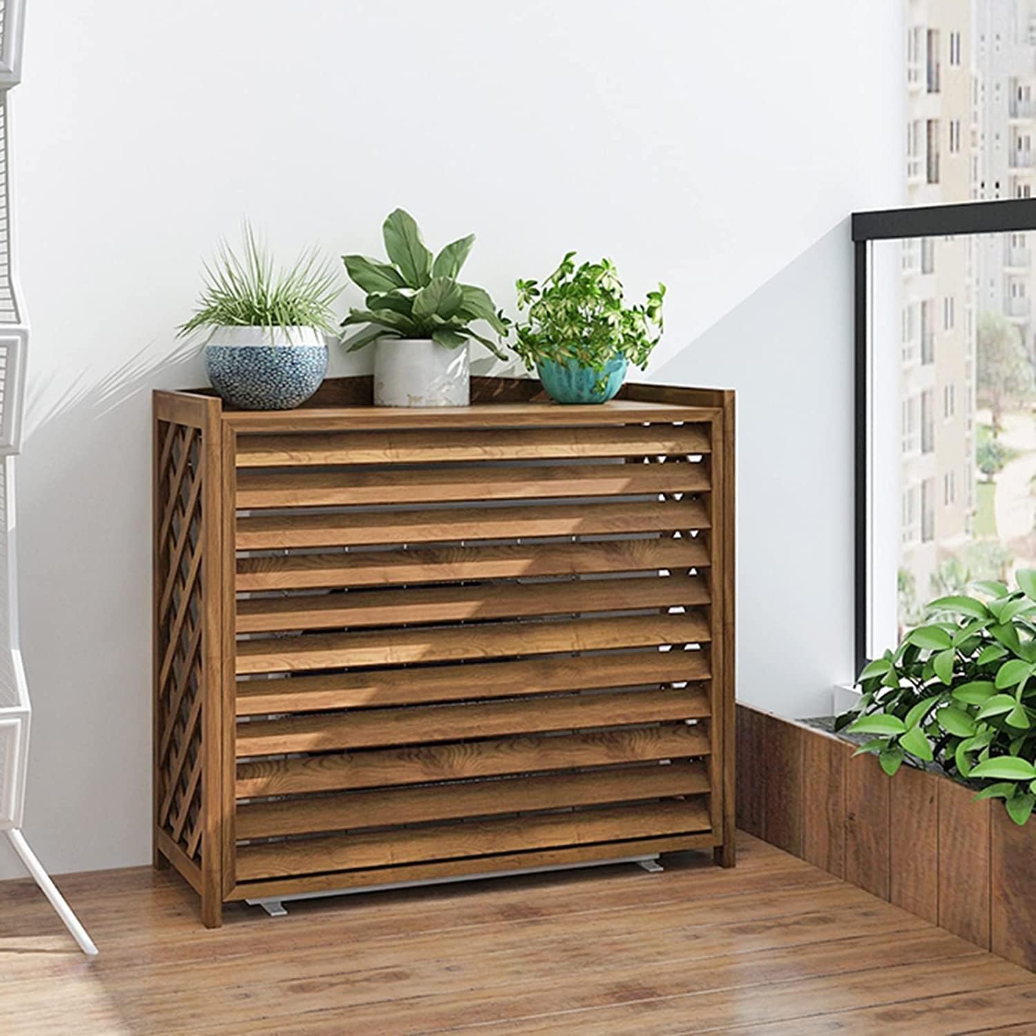 Paravent extérieur climatiseur en bois occultant et support de plantes