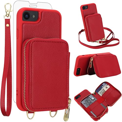 Phone Case for iPhone 6/6s/7/8/SE 2020 2022 Wallet Cell Cover with Screen Protector Crossbody Strap Lanyard RFID Blocking Card Holder i Six Seven 6a i6 i7 i8 7s 8s SE2020 SE2 2 SE2022 SE3 3 Women Red