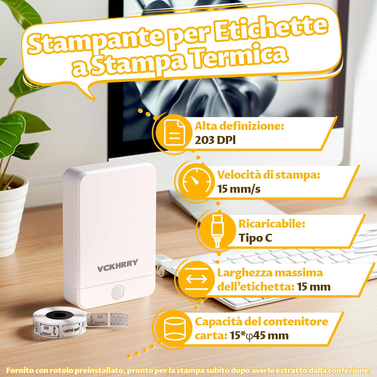 Stampante Etichette Termica Bluetooth Portatile Senza Inchiostro, 1 Rotolo Incluso, Compatibile iOS/Android