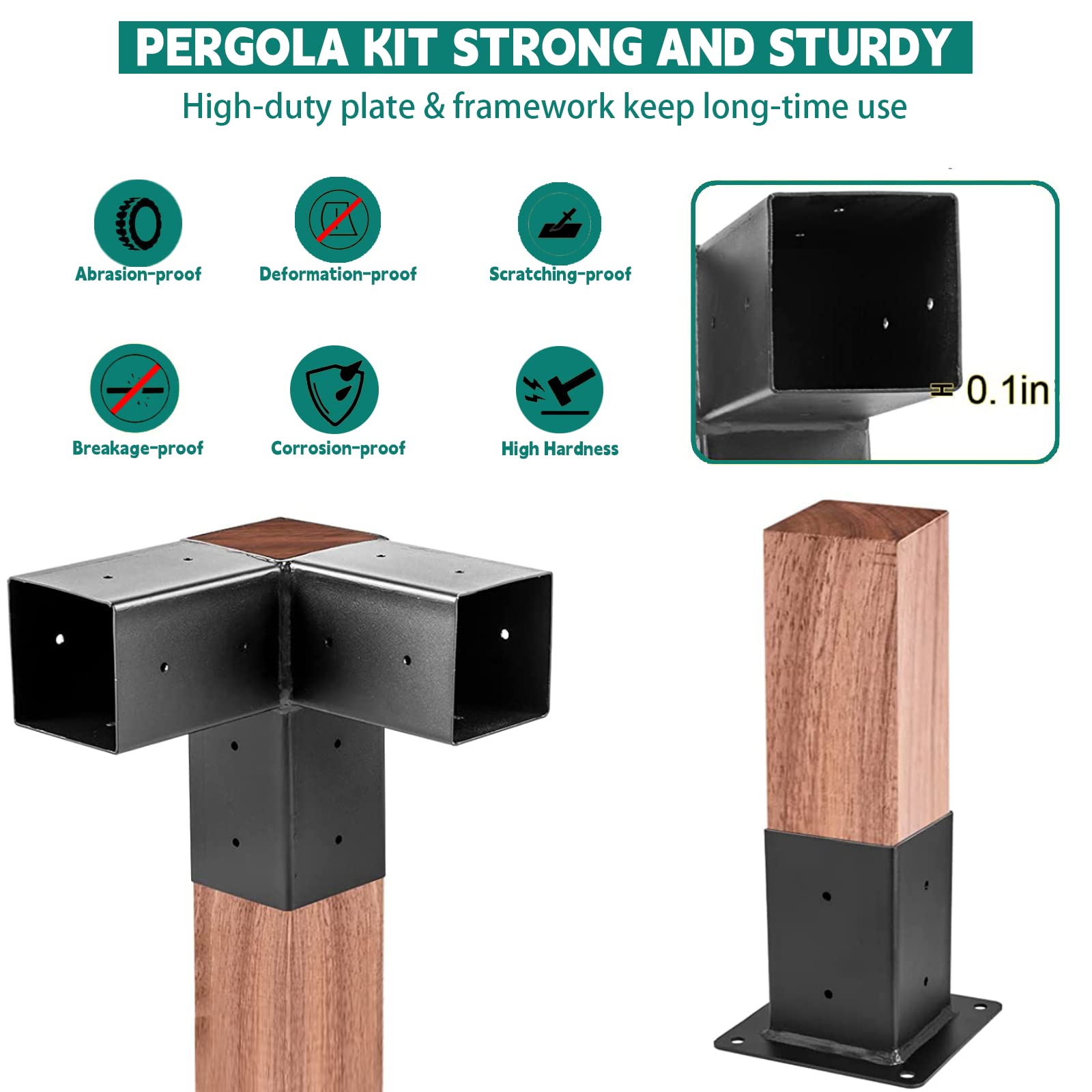 Kit de soporte para pérgola, soporte de poste de acero al carbono recubierto de polvo de 6 x 6, kit de pérgola de carpintería en ángulo recto, kit de herramientas de pérgola de placa gruesa para