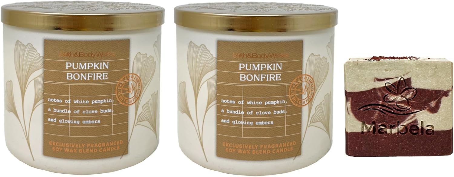 Bath & Body Works Pumpkin Bonfire 2 Piece 3-Wick Scented Candle Set with a Cherry On Top Bar Soap