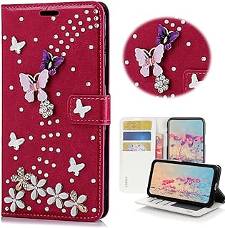 STENES Bling Wallet Phone Case Compatible with OnePlus Nord N300 5G Case - Stylish - 3D Handmade S-Link Butterfly Floral Design Magnetic Wallet Stand Leather Cover Case - Red