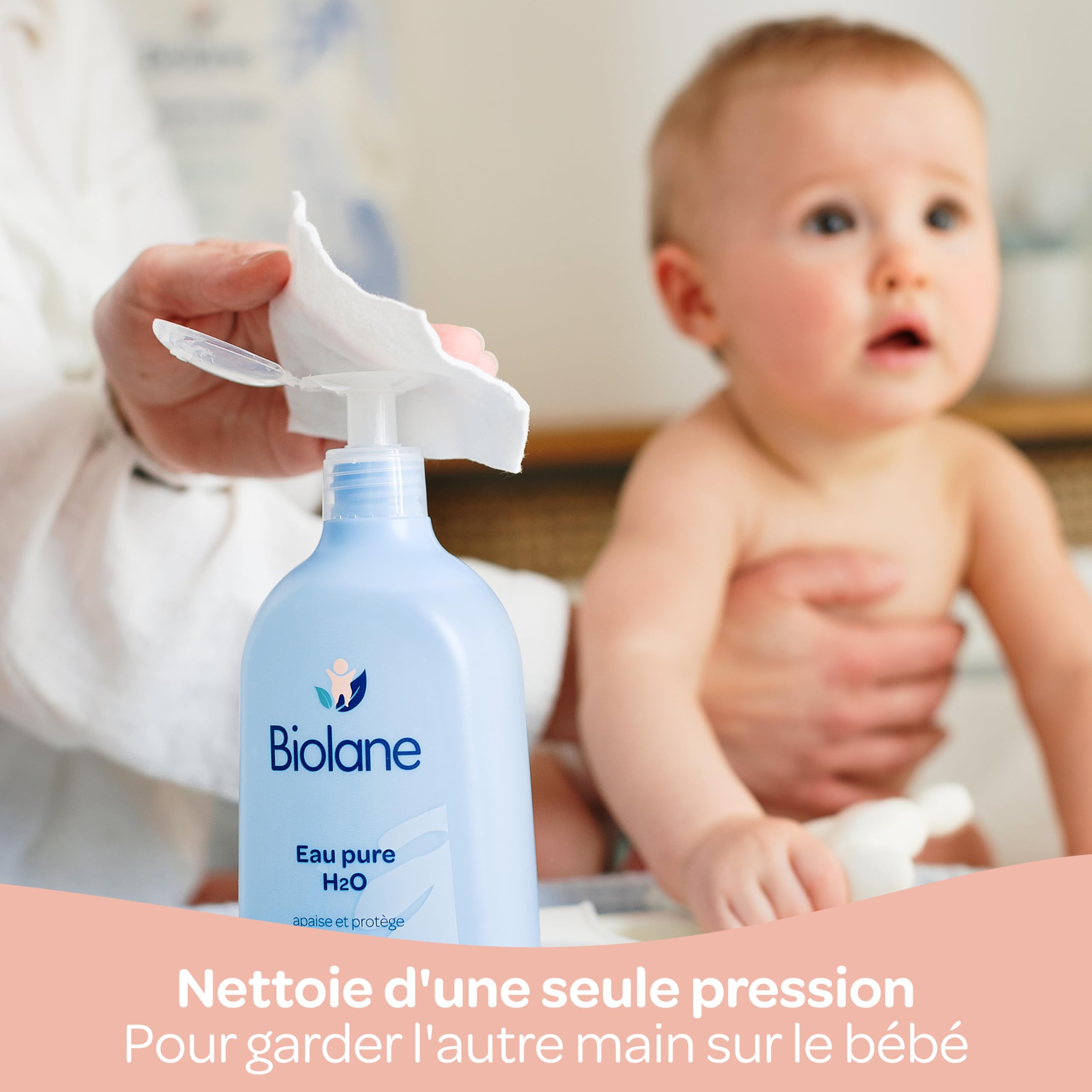 BIOLANE - Lot de 4 Flacons Eau Pure H2O - Nettoyant pour le visage, corps et siège du bébé - Sans rinçage - 4 flacons-pompe de 750ml - Fabriqué en France